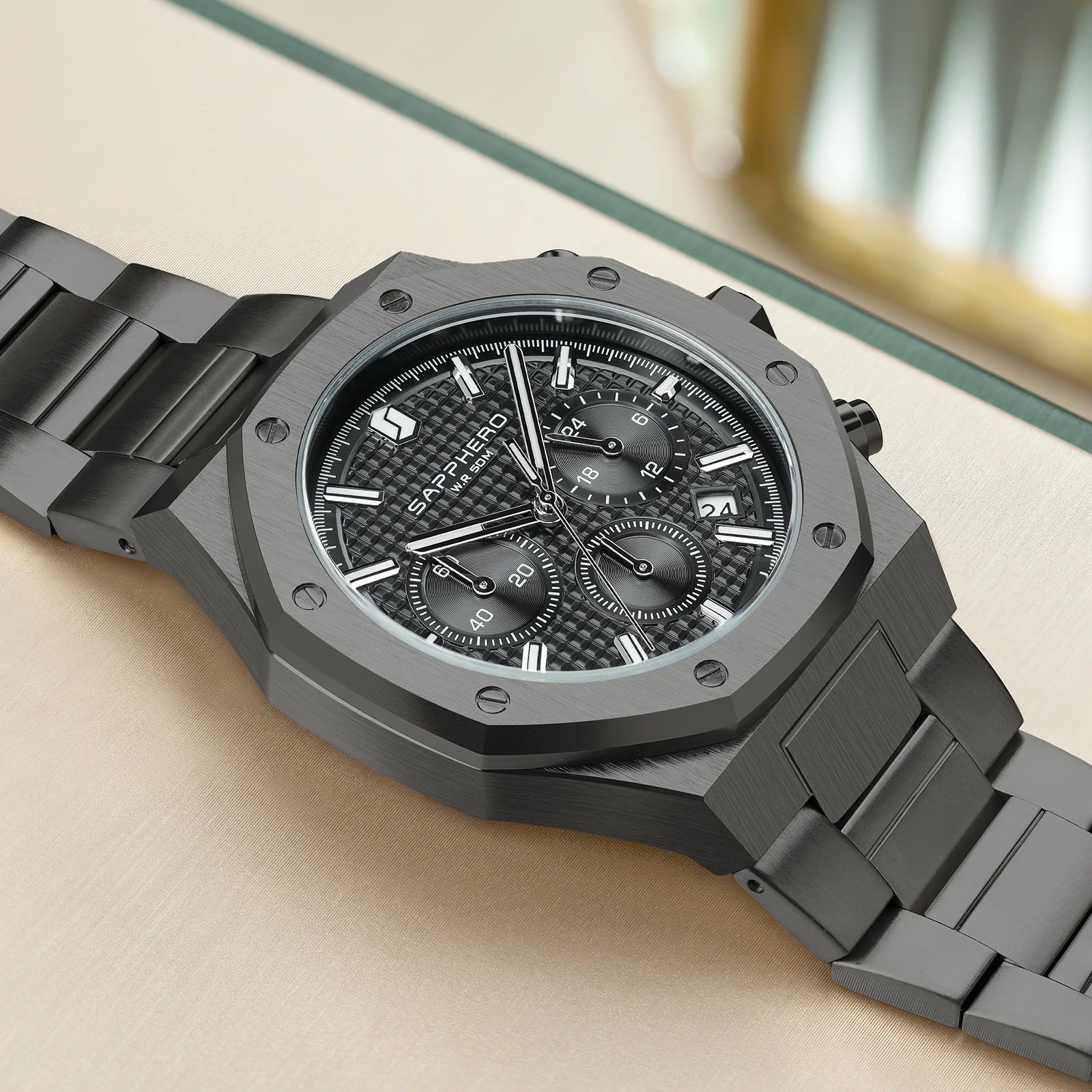 Sapphero relógio masculino à prova dwaterproof água função cronógrafo data brilhante mãos relógio de aço inoxidável relógio de negócios para presente masculino