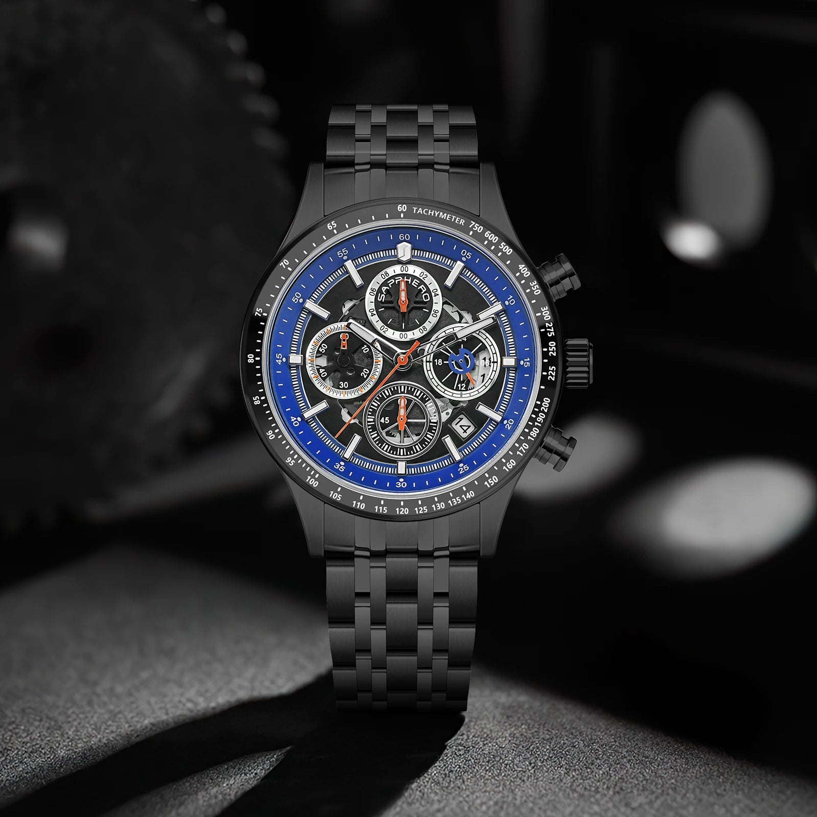 Sapphero moda masculina relógio de quartzo estilo mecânico 50m à prova dwaterproof água data cronógrafo relógio presente para homem