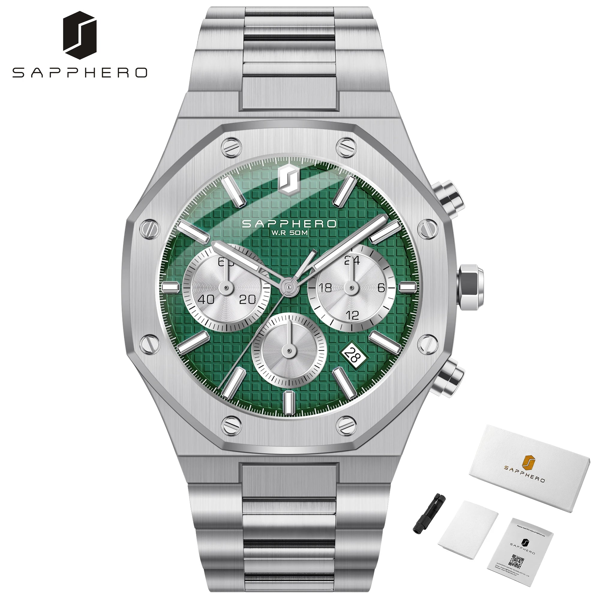 Sapphero relógio masculino à prova dwaterproof água função cronógrafo data brilhante mãos relógio de aço inoxidável relógio de negócios para presente masculino