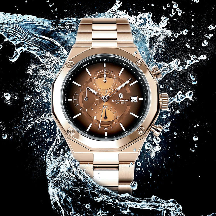 SAPPHERO Relógio masculino de ouro rosa, relógio de luxo da moda, aço inoxidável, 50m, resistência à água, presentes de ano novo