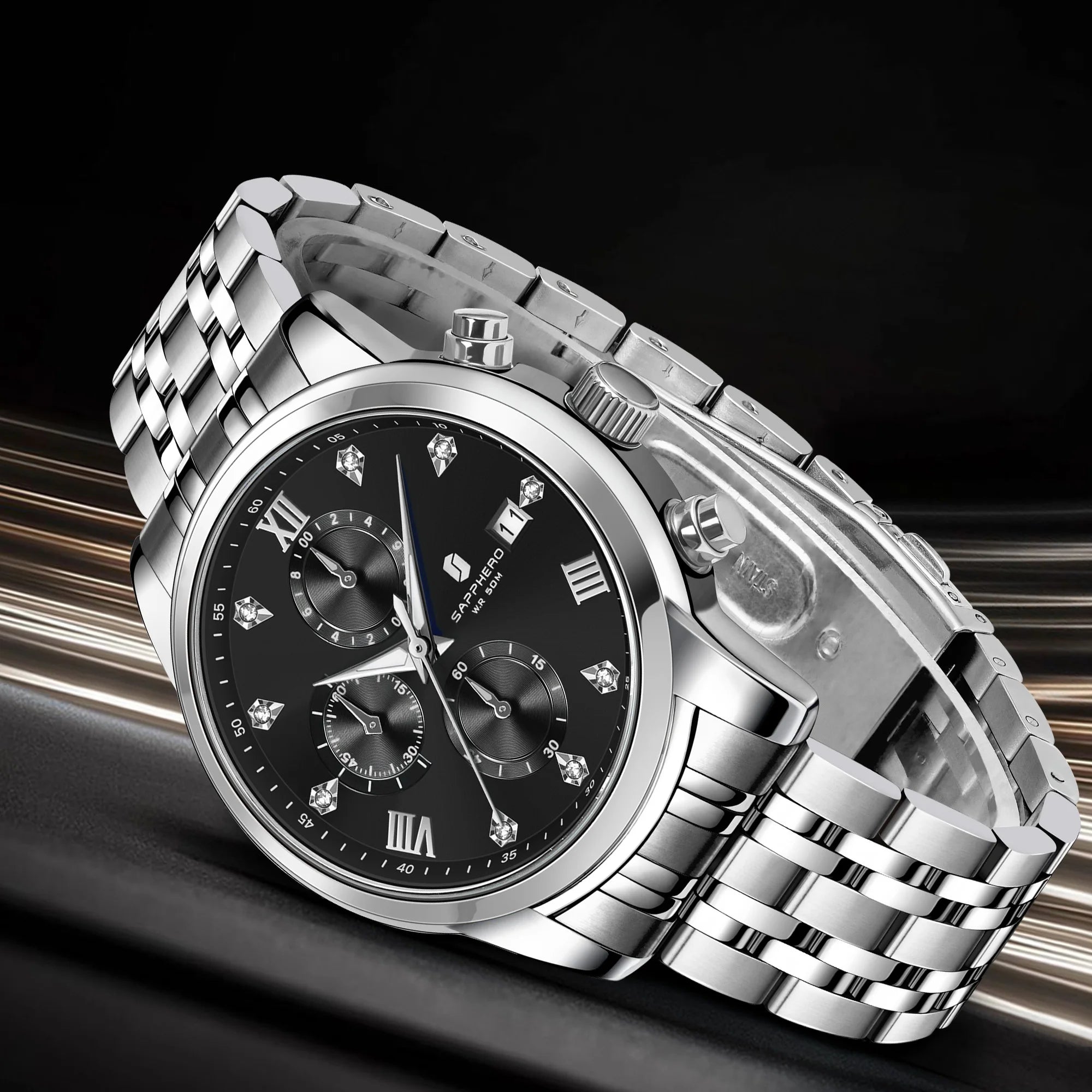 Sapphero relógio masculino de luxo, relógio de aço inoxidável, calendário, à prova d'água, 5atm, caixa de presente de alta qualidade