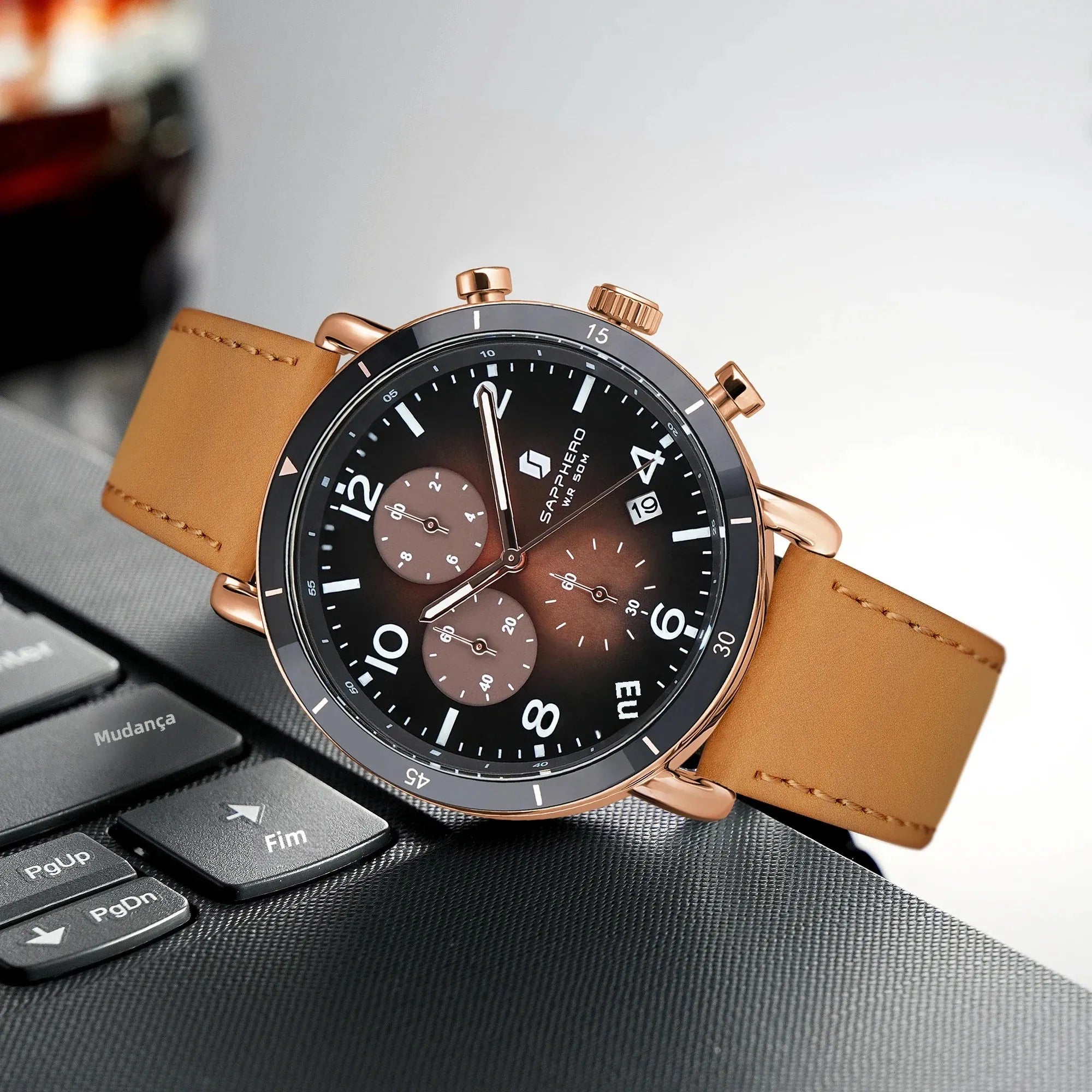 Sapphero clássico negócios quartzo relógio masculino 5atm à prova dwaterproof água caixa de presente conjunto 42mm grande mostrador data função relógio de pulso