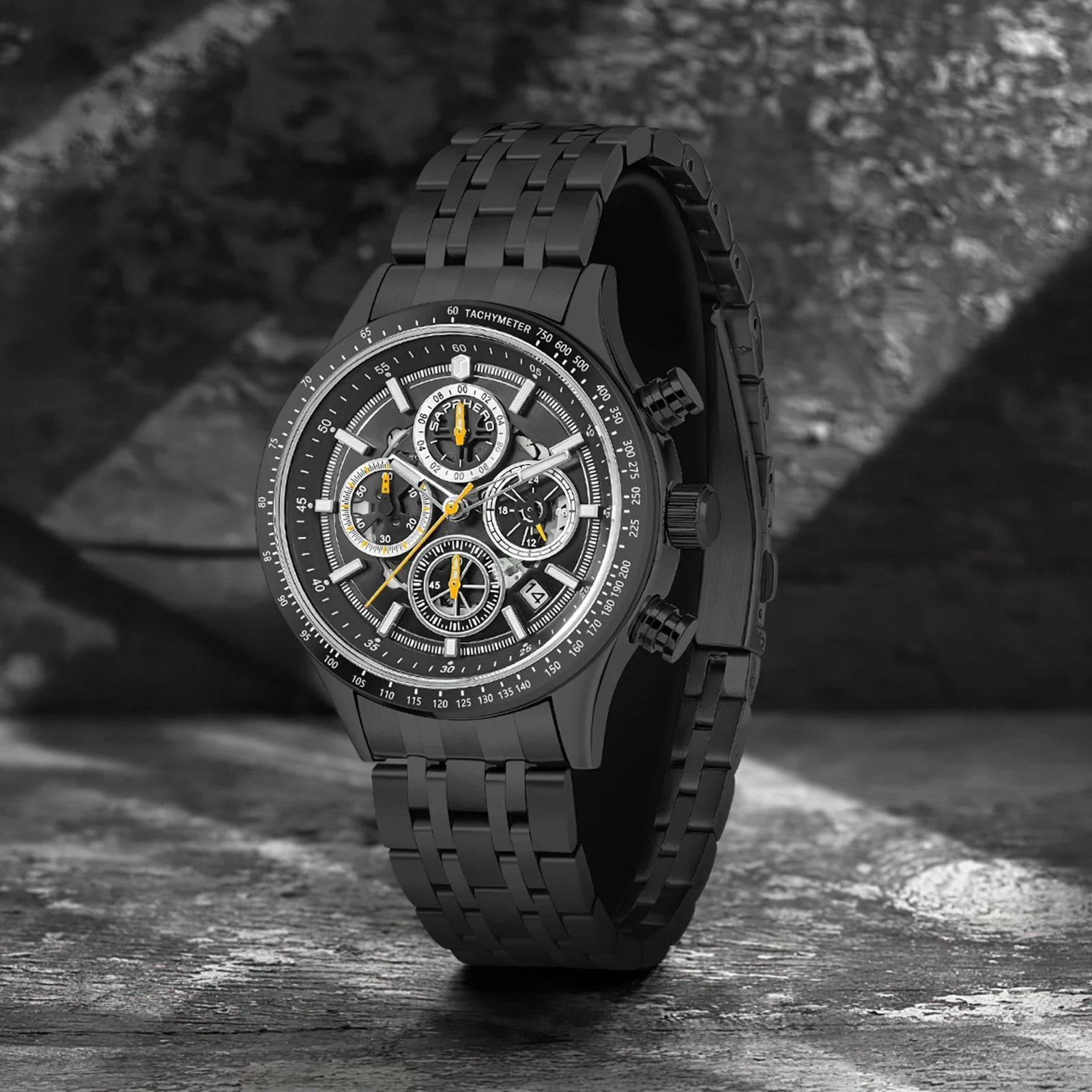 Sapphero moda masculina relógio de quartzo estilo mecânico 50m à prova dwaterproof água data cronógrafo relógio presente para homem