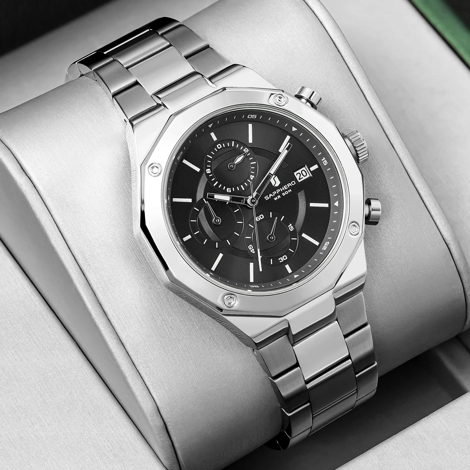 SAPPHERO Relógio masculino de ouro rosa, relógio de luxo da moda, aço inoxidável, 50m, resistência à água, presentes de ano novo