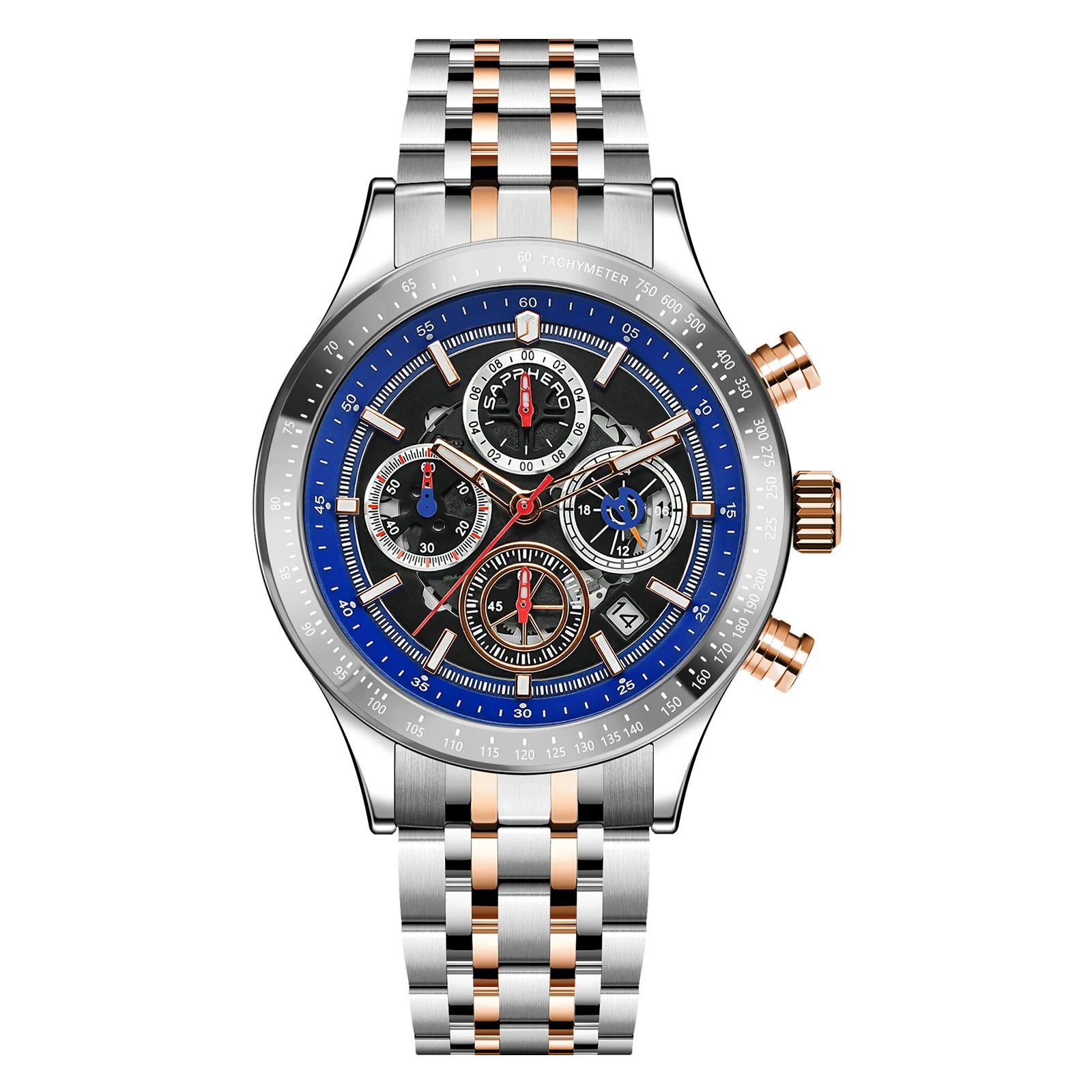 Sapphero moda masculina relógio de quartzo estilo mecânico 50m à prova dwaterproof água data cronógrafo relógio presente para homem