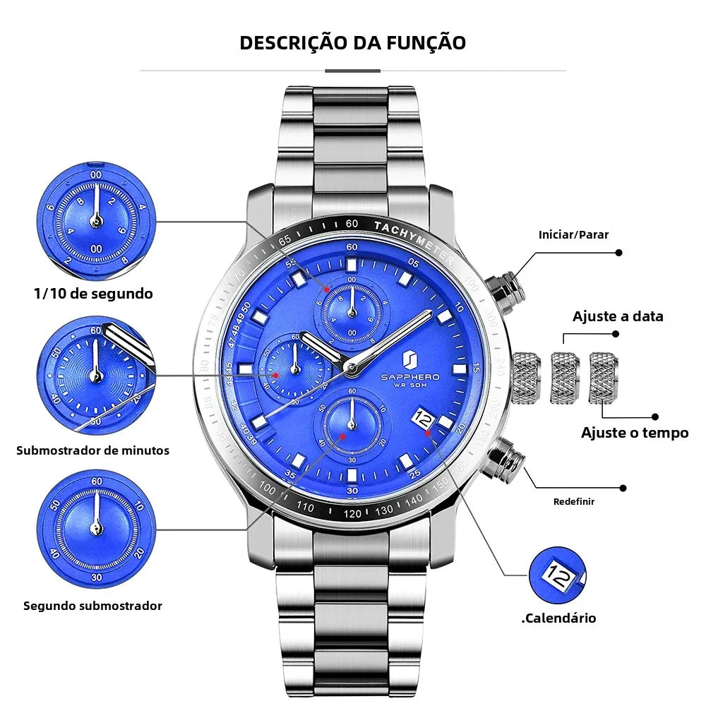Sapphero relógio de negócios data relógio de pulso masculino simples relógios de aço inoxidável 50m à prova dwaterproof água 2025 nova moda presentes masculinos