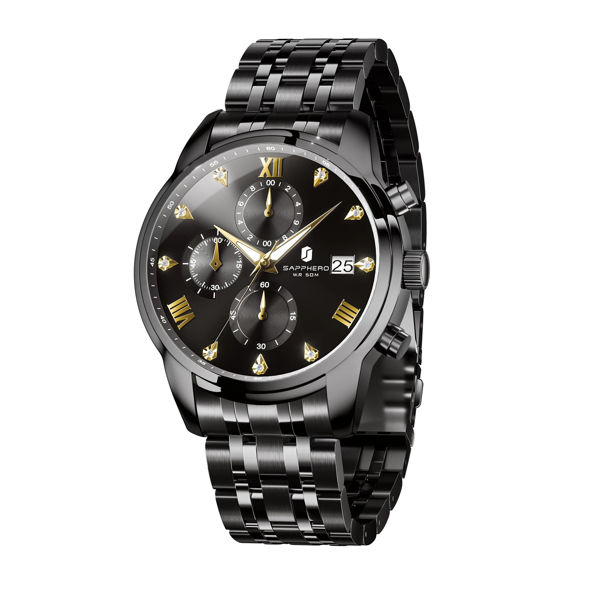 Sapphero relógio masculino de luxo, relógio de aço inoxidável, calendário, à prova d'água, 5atm, caixa de presente de alta qualidade