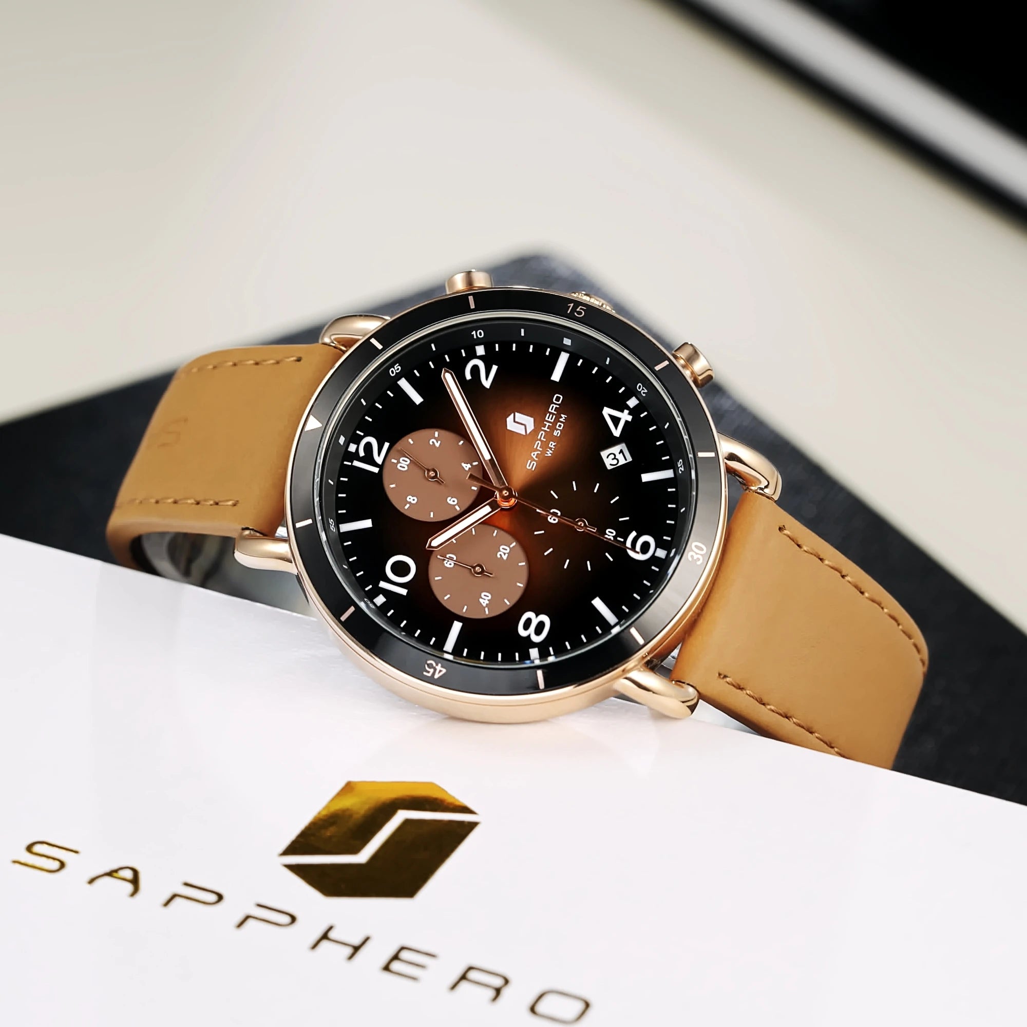 Sapphero clássico negócios quartzo relógio masculino 5atm à prova dwaterproof água caixa de presente conjunto 42mm grande mostrador data função relógio de pulso