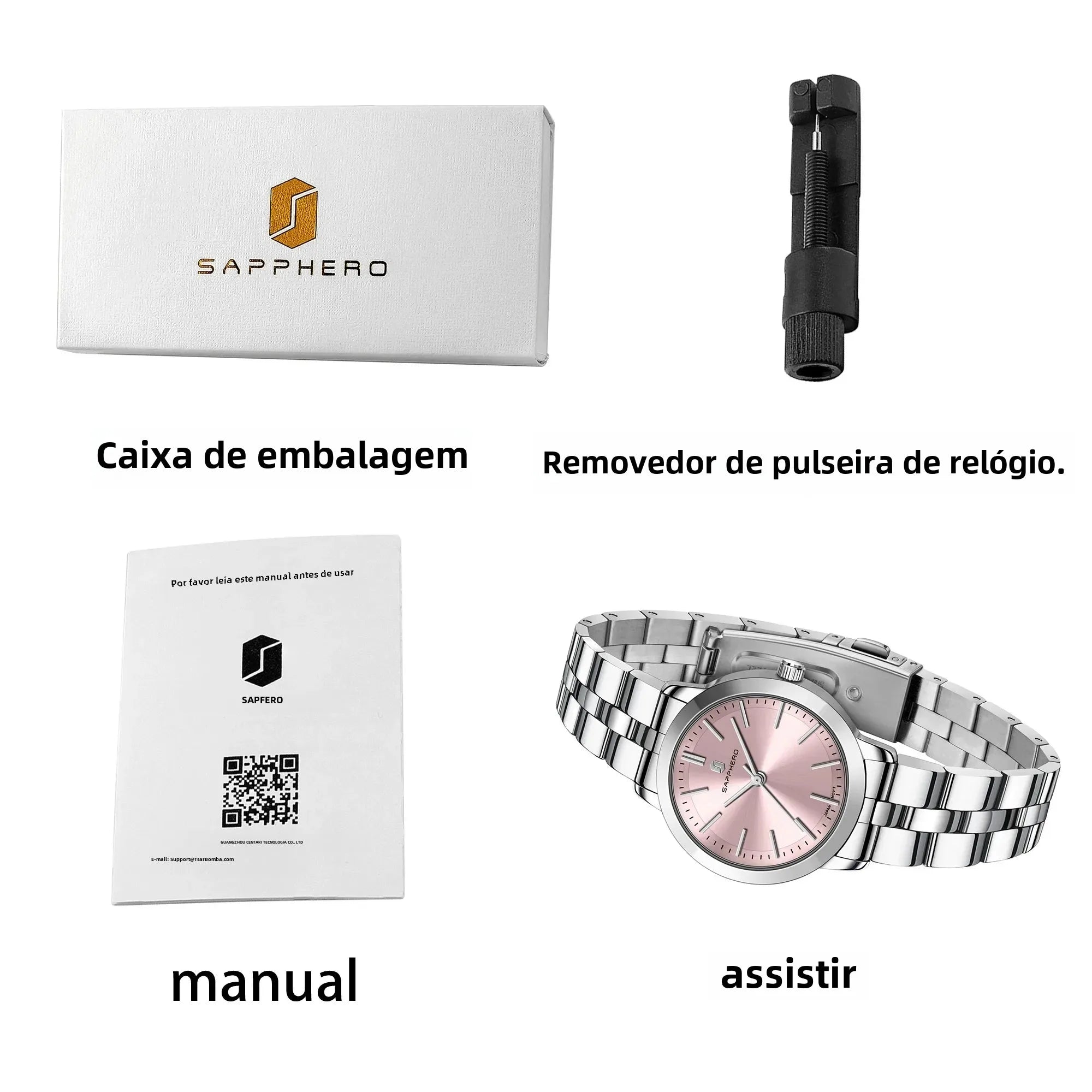 Sapphero elegante relógio feminino japão movimento à prova dwaterproof água relógio de presente do feriado relógio de pulso esportivo pulseira de aço inoxidável