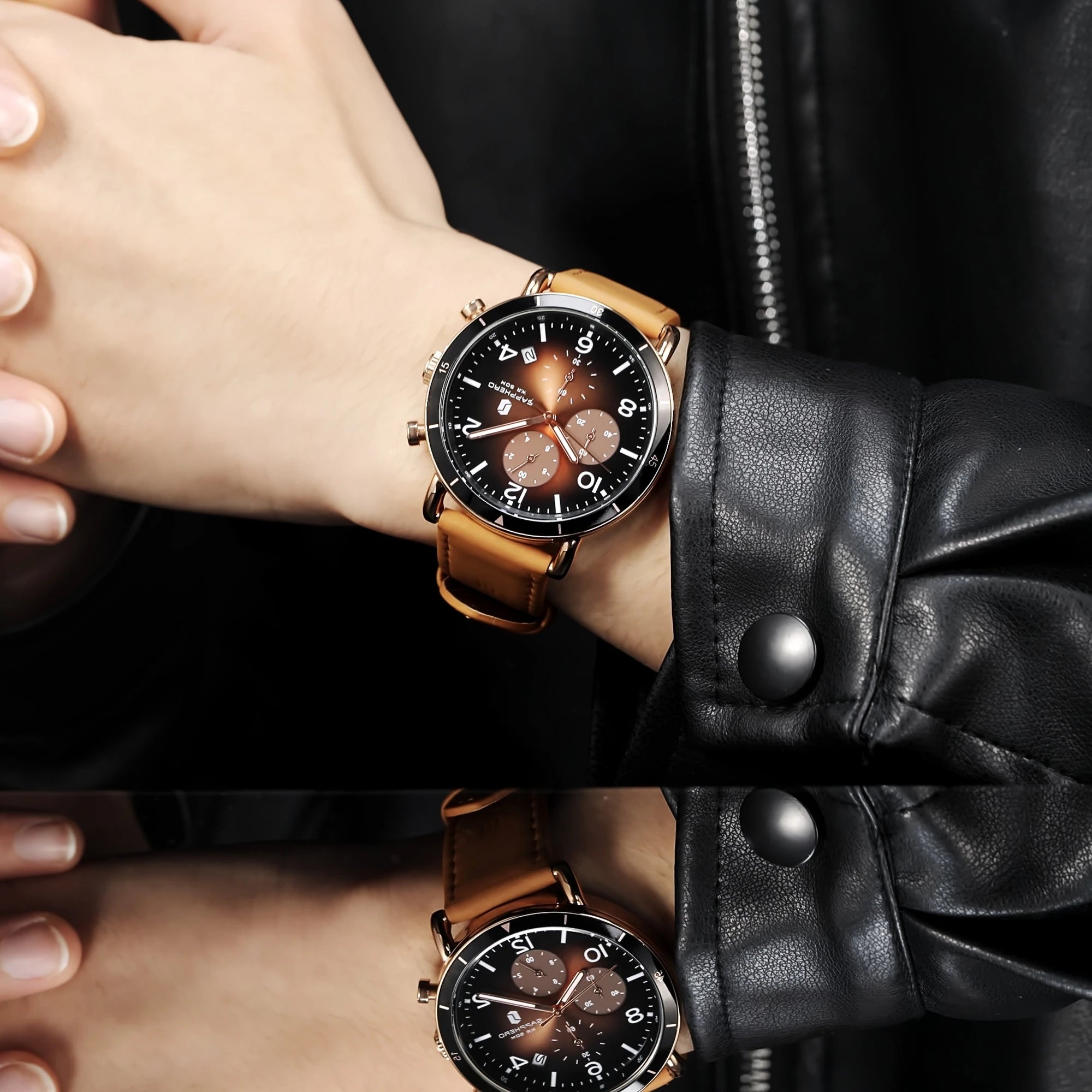 Sapphero clássico negócios quartzo relógio masculino 5atm à prova dwaterproof água caixa de presente conjunto 42mm grande mostrador data função relógio de pulso