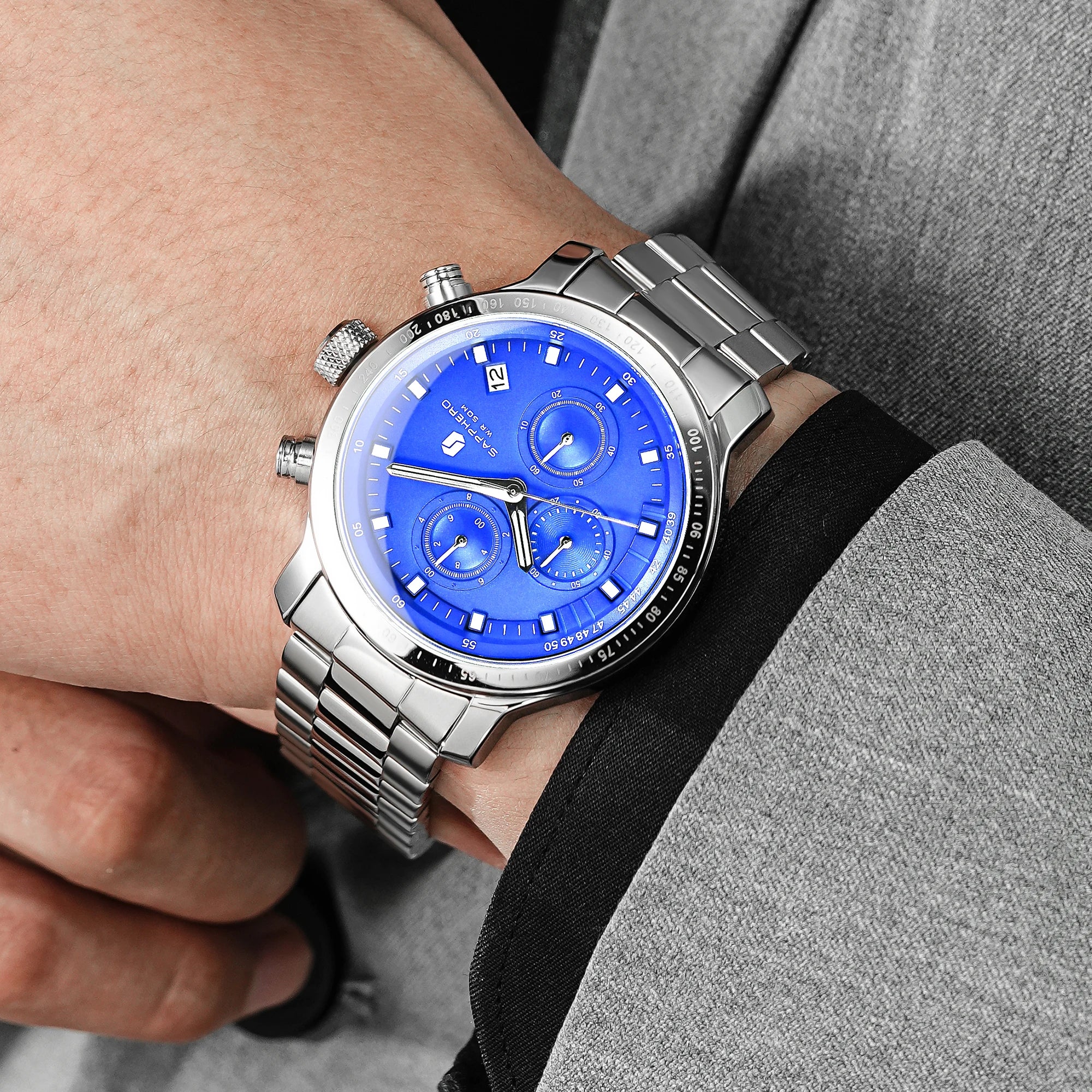 Sapphero relógio de negócios data relógio de pulso masculino simples relógios de aço inoxidável 50m à prova dwaterproof água 2025 nova moda presentes masculinos