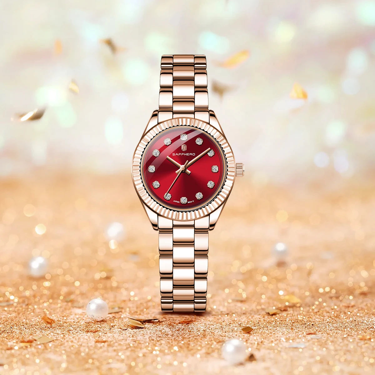 Sapphero elegante relógio de quartzo feminino movimento japão 5atm à prova dwaterproof água luxo rosa ouro relógio feminino luz luxo relógio feminino