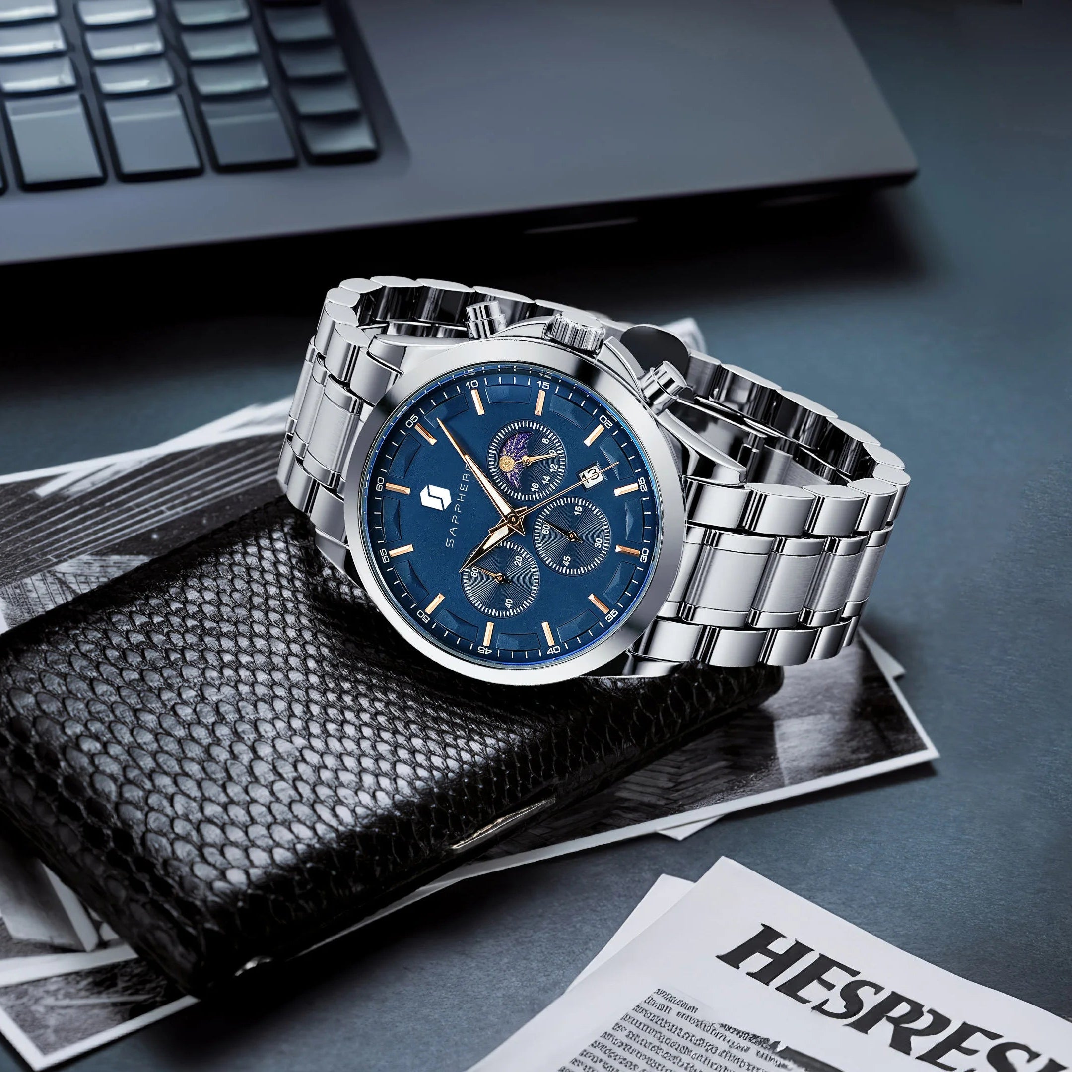 SAPPHERO Relógios de negócios masculinos pulseira de aço inoxidável exibição de data e função cronógrafo relógio masculino à prova d'água relógio de ouro rosa