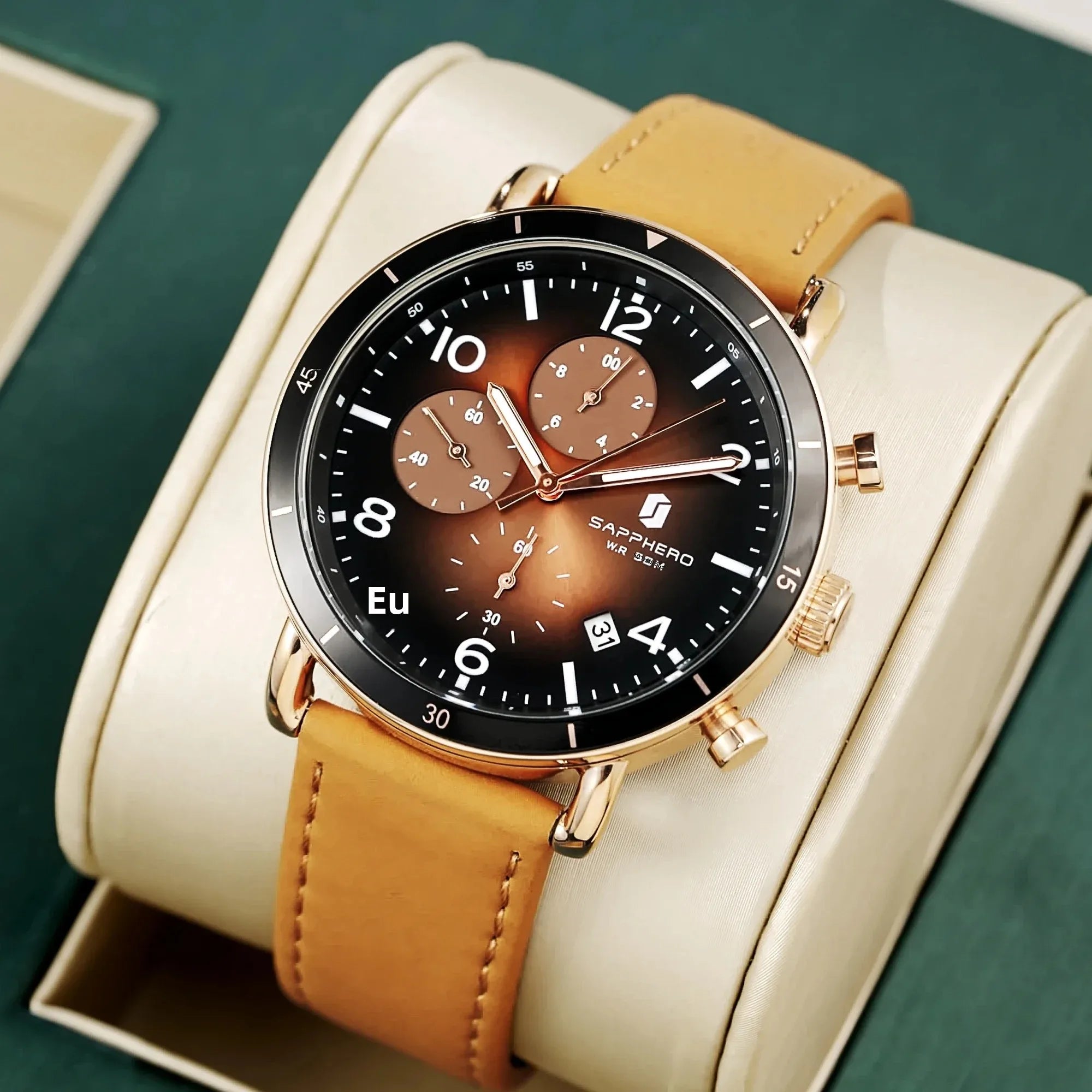 Sapphero clássico negócios quartzo relógio masculino 5atm à prova dwaterproof água caixa de presente conjunto 42mm grande mostrador data função relógio de pulso