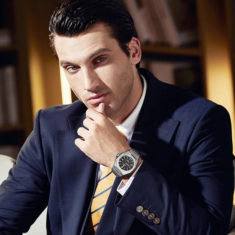 Relógio masculino SAPPHERO, pulseira de aço inoxidável, design resistente à água, calendário automático, presentes festivos, relógio de caixa de presente requintado