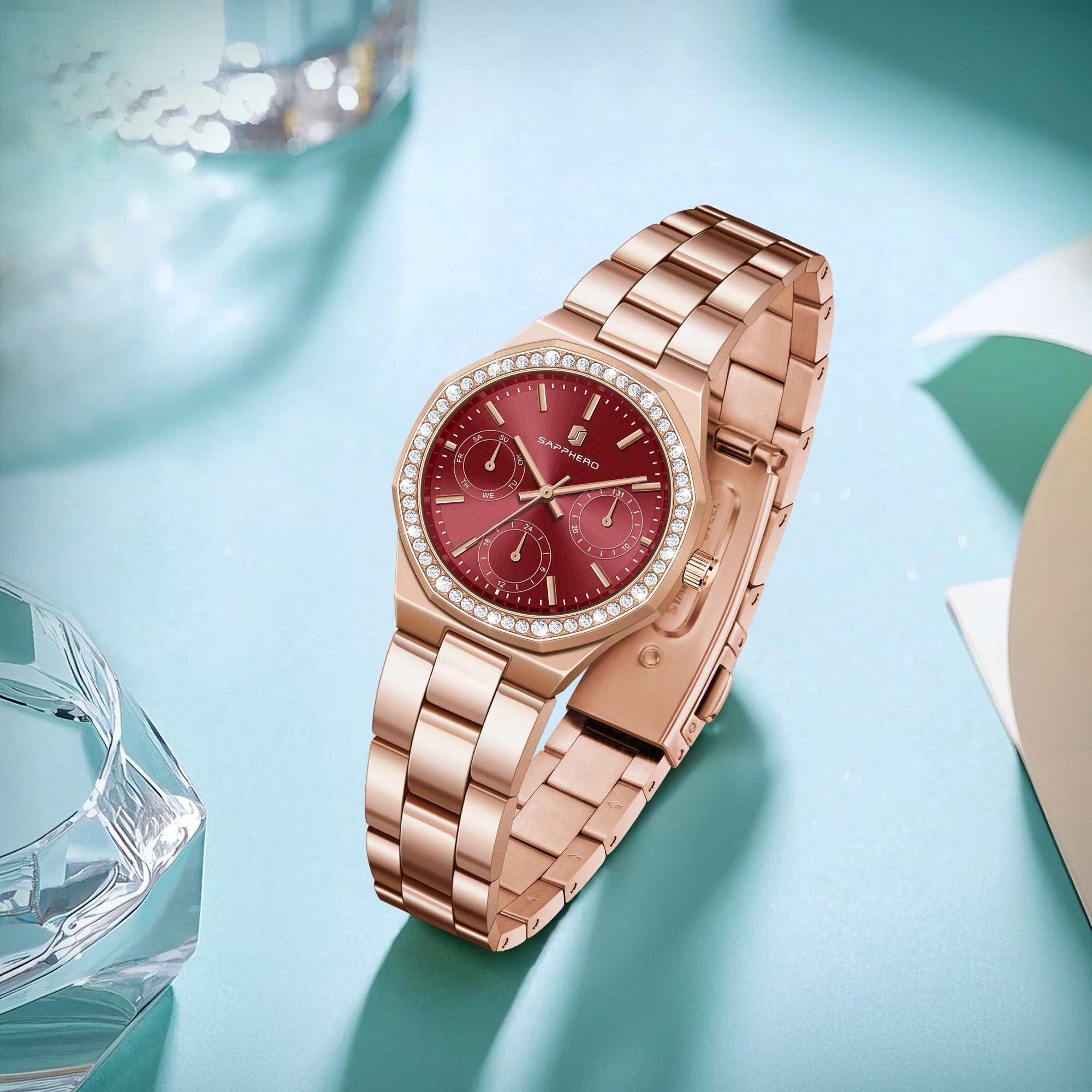 Sapphero luxo moda rosa ouro relógio elegante versátil relógio feminino japão movimento pulseira de aço inoxidável presente do feriado