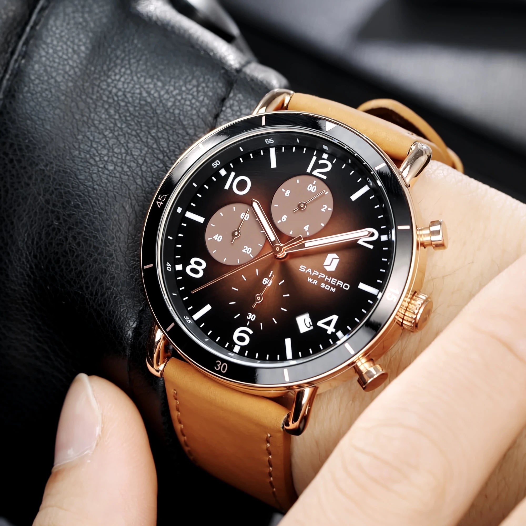 Sapphero clássico negócios quartzo relógio masculino 5atm à prova dwaterproof água caixa de presente conjunto 42mm grande mostrador data função relógio de pulso