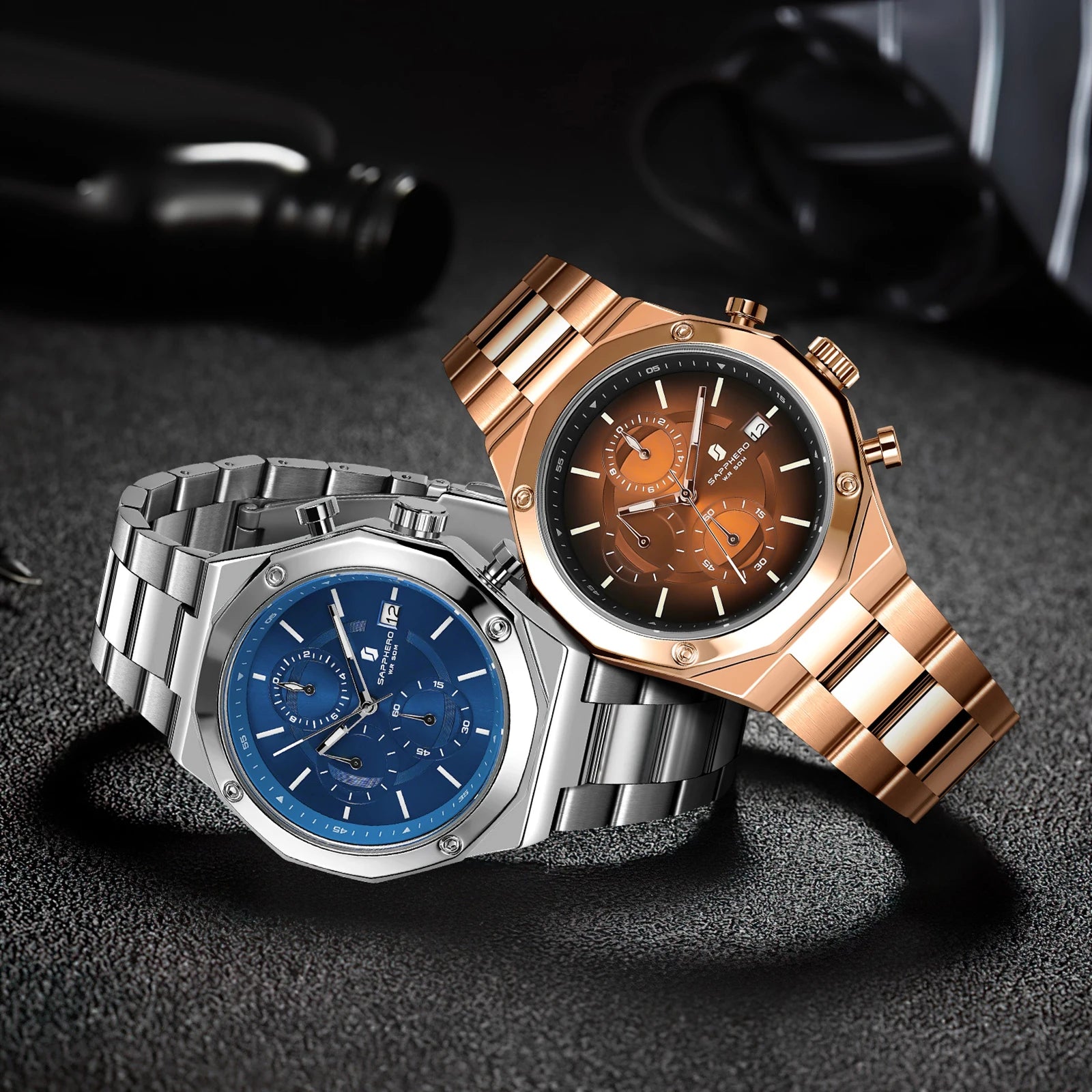 SAPPHERO Relógio masculino de ouro rosa, relógio de luxo da moda, aço inoxidável, 50m, resistência à água, presentes de ano novo