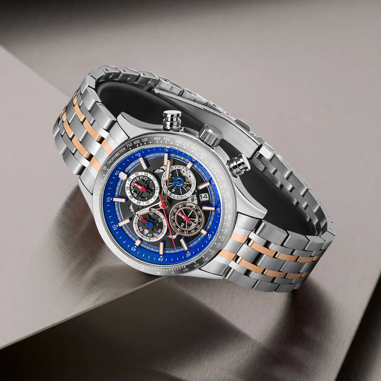 Sapphero moda masculina relógio de quartzo estilo mecânico 50m à prova dwaterproof água data cronógrafo relógio presente para homem