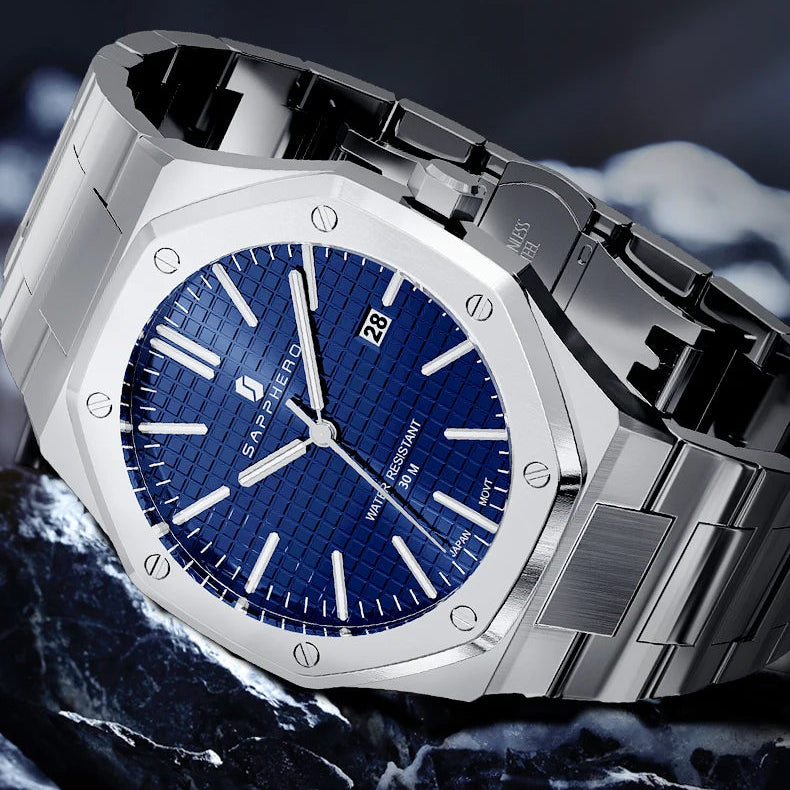 Relógio masculino SAPPHERO, pulseira de aço inoxidável, design resistente à água, calendário automático, presentes festivos, relógio de caixa de presente requintado