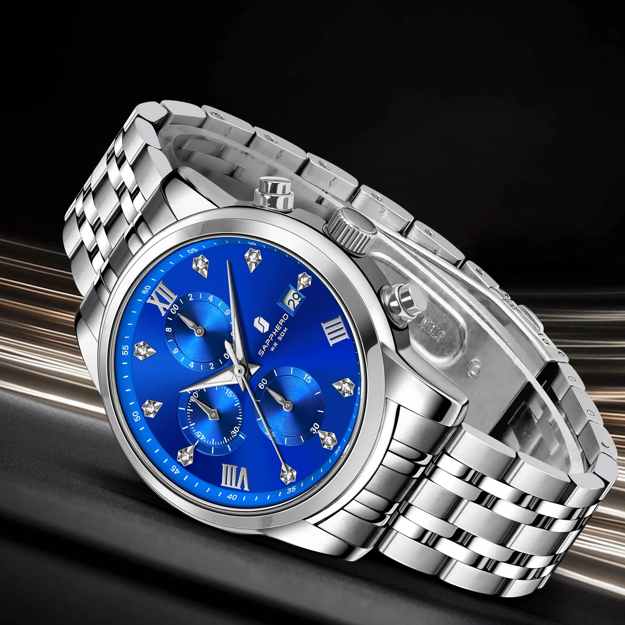 Sapphero relógio masculino de luxo, relógio de aço inoxidável, calendário, à prova d'água, 5atm, caixa de presente de alta qualidade