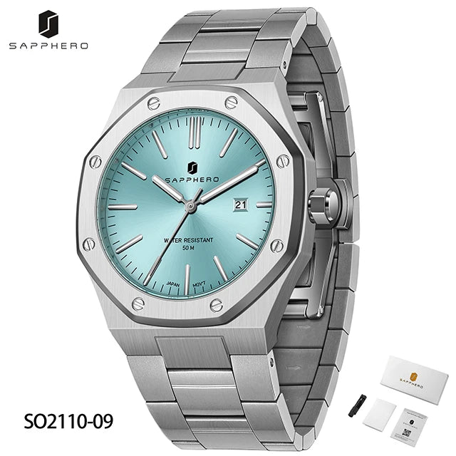 Relógio masculino SAPPHERO, pulseira de aço inoxidável, design resistente à água, calendário automático, presentes festivos, relógio de caixa de presente requintado