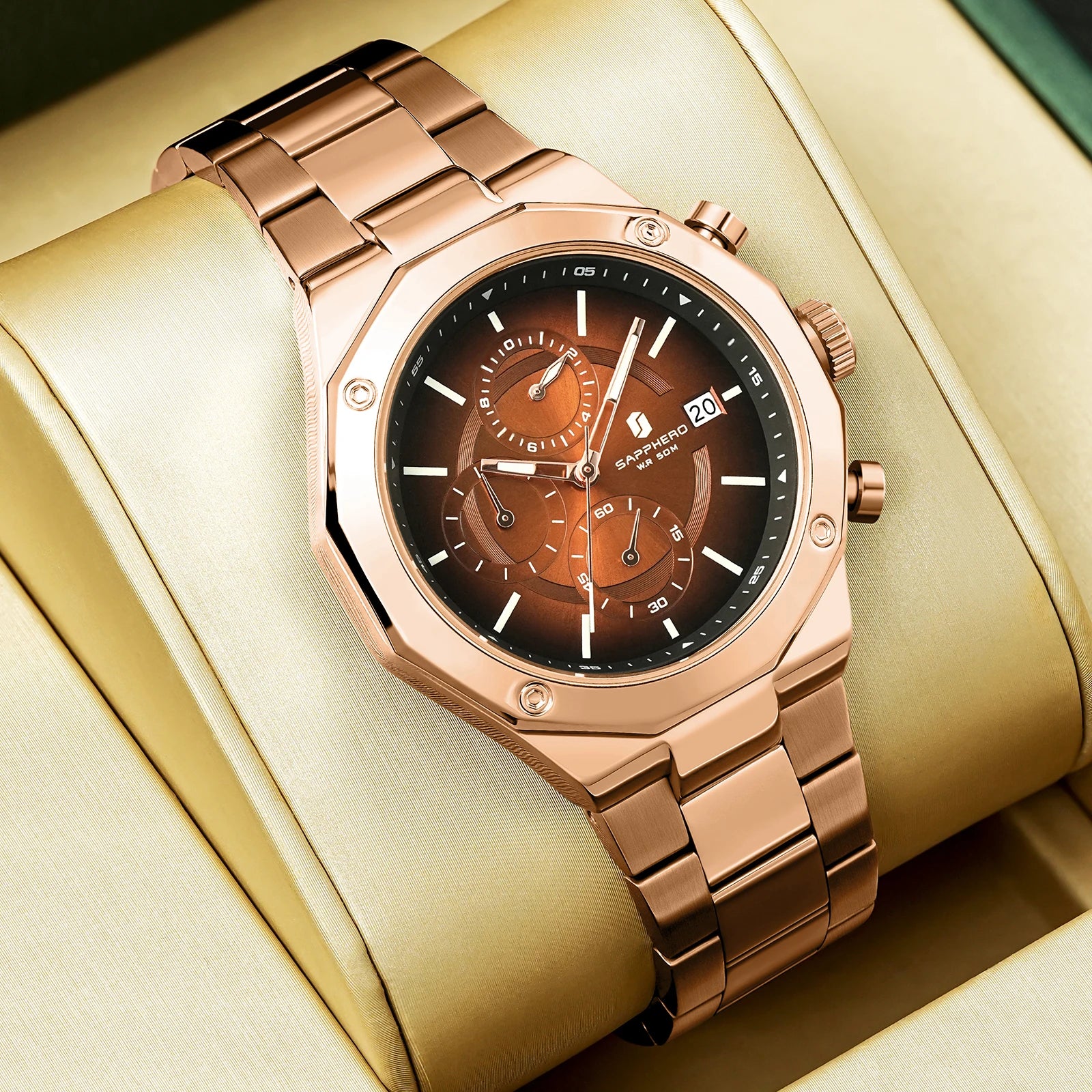 SAPPHERO Relógio masculino de ouro rosa, relógio de luxo da moda, aço inoxidável, 50m, resistência à água, presentes de ano novo