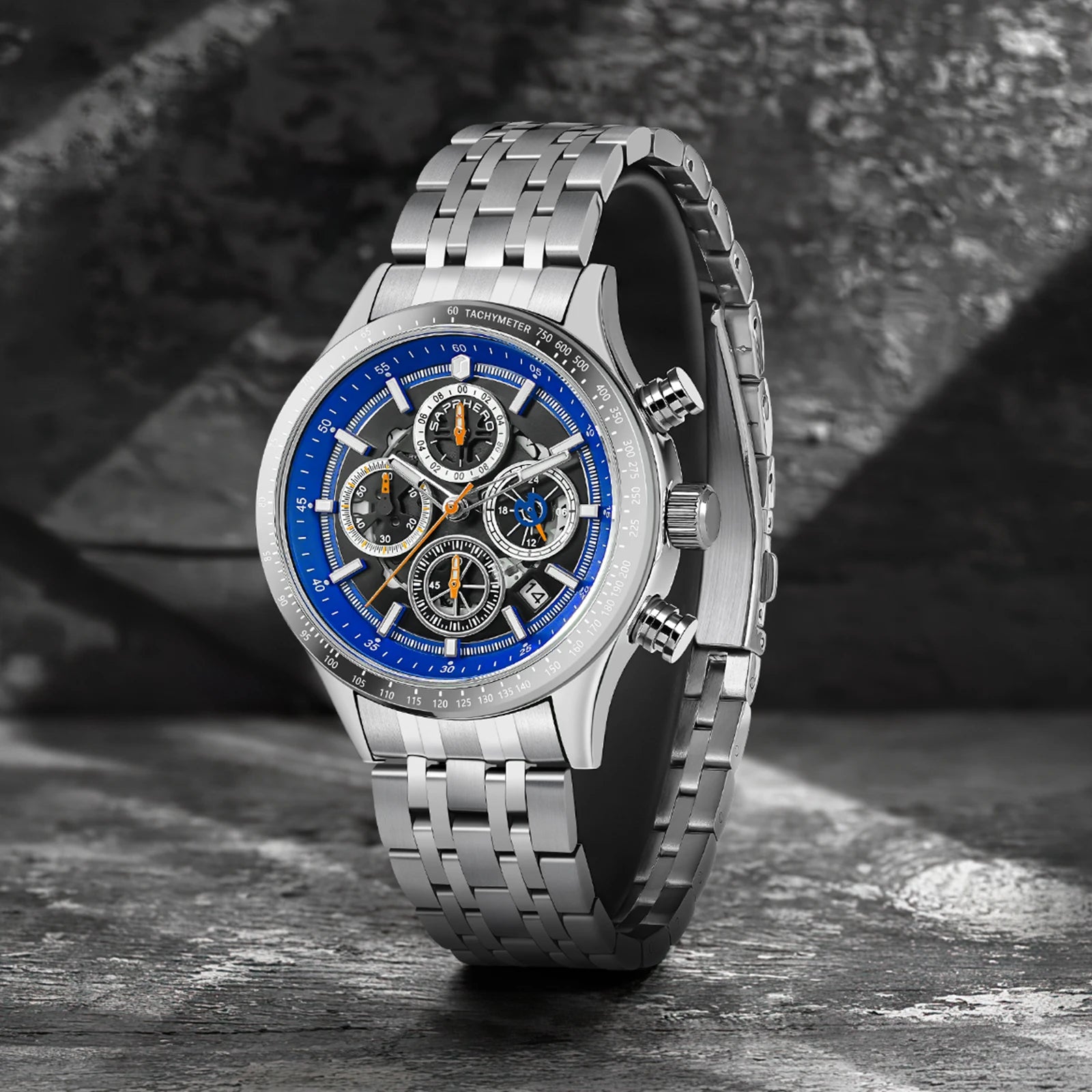 Sapphero moda masculina relógio de quartzo estilo mecânico 50m à prova dwaterproof água data cronógrafo relógio presente para homem
