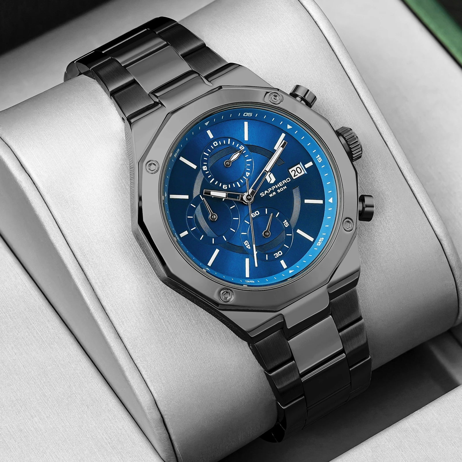 SAPPHERO Relógio masculino de ouro rosa, relógio de luxo da moda, aço inoxidável, 50m, resistência à água, presentes de ano novo