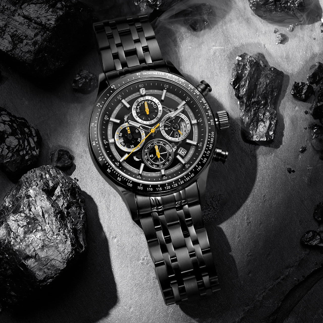 Sapphero moda masculina relógio de quartzo estilo mecânico 50m à prova dwaterproof água data cronógrafo relógio presente para homem