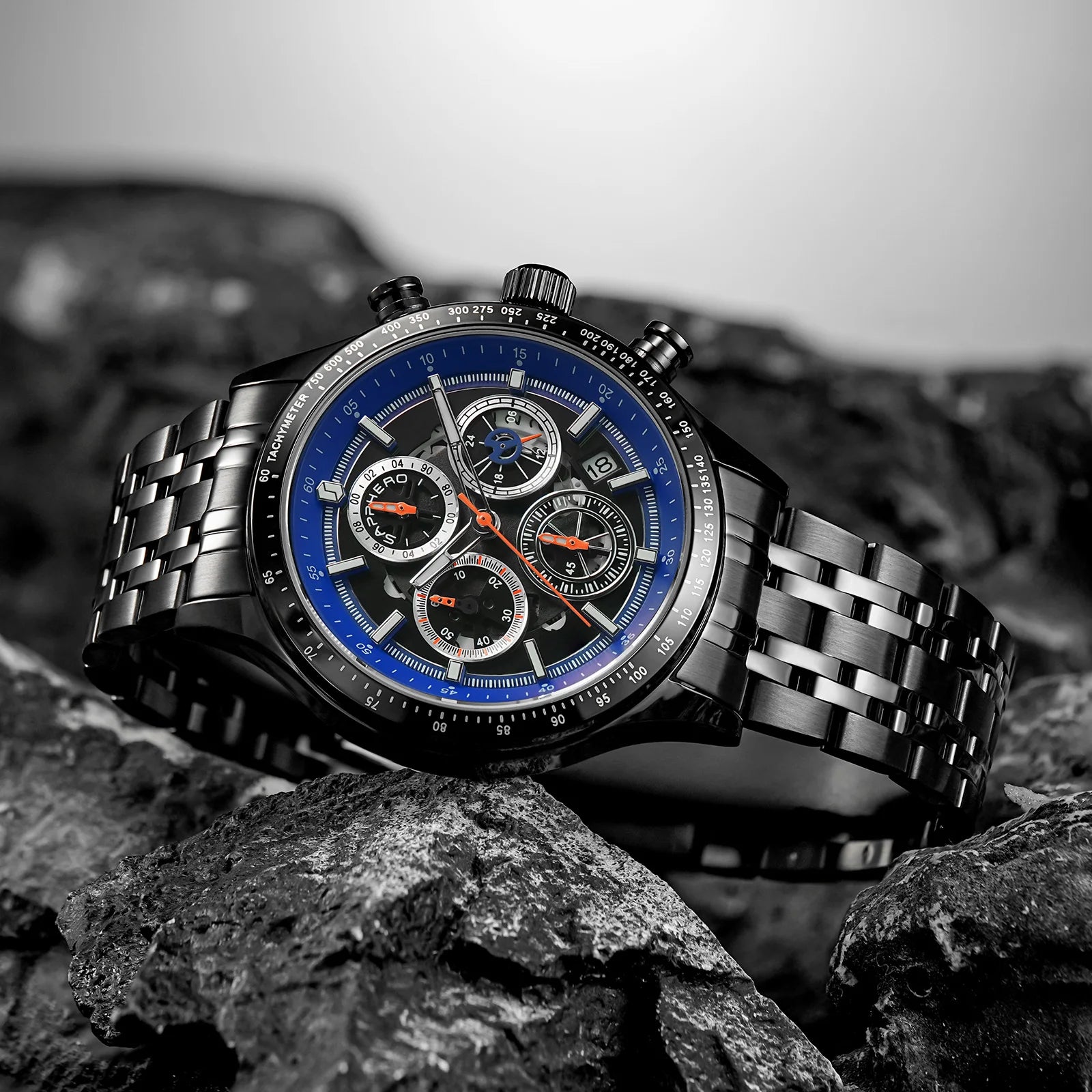 Sapphero moda masculina relógio de quartzo estilo mecânico 50m à prova dwaterproof água data cronógrafo relógio presente para homem