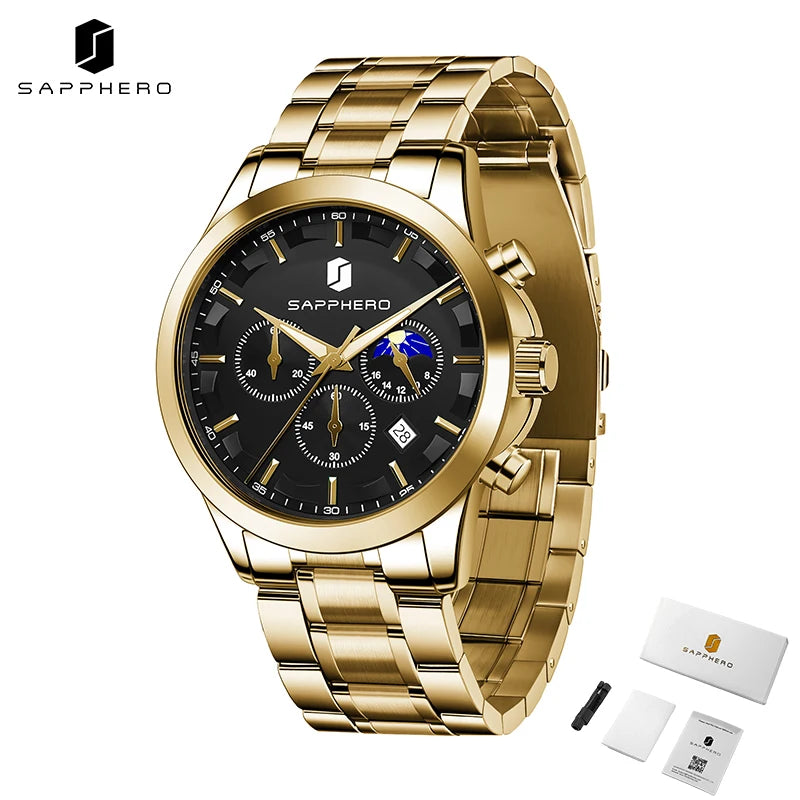 SAPPHERO Relógios de negócios masculinos pulseira de aço inoxidável exibição de data e função cronógrafo relógio masculino à prova d'água relógio de ouro rosa