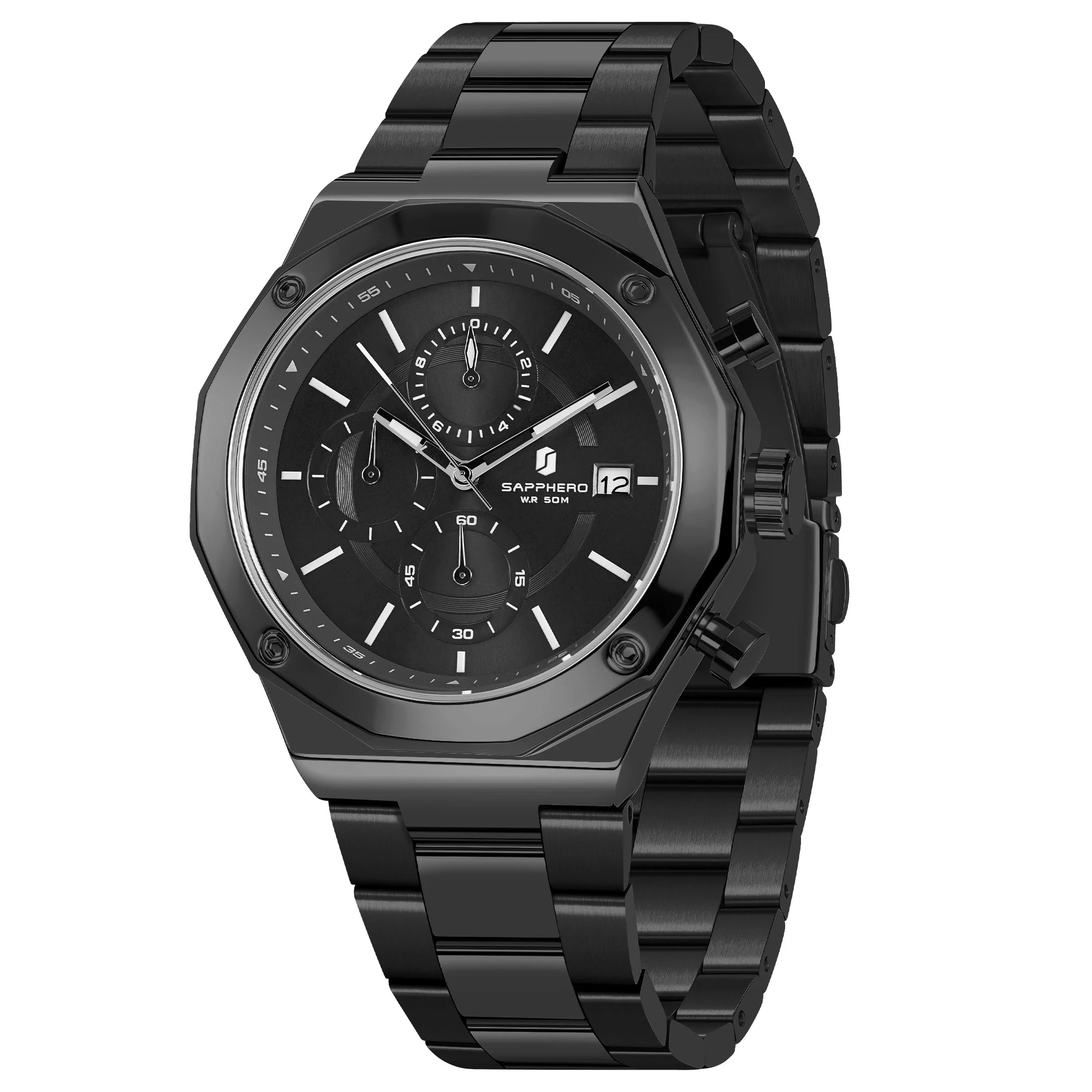 SAPPHERO Relógio masculino de ouro rosa, relógio de luxo da moda, aço inoxidável, 50m, resistência à água, presentes de ano novo