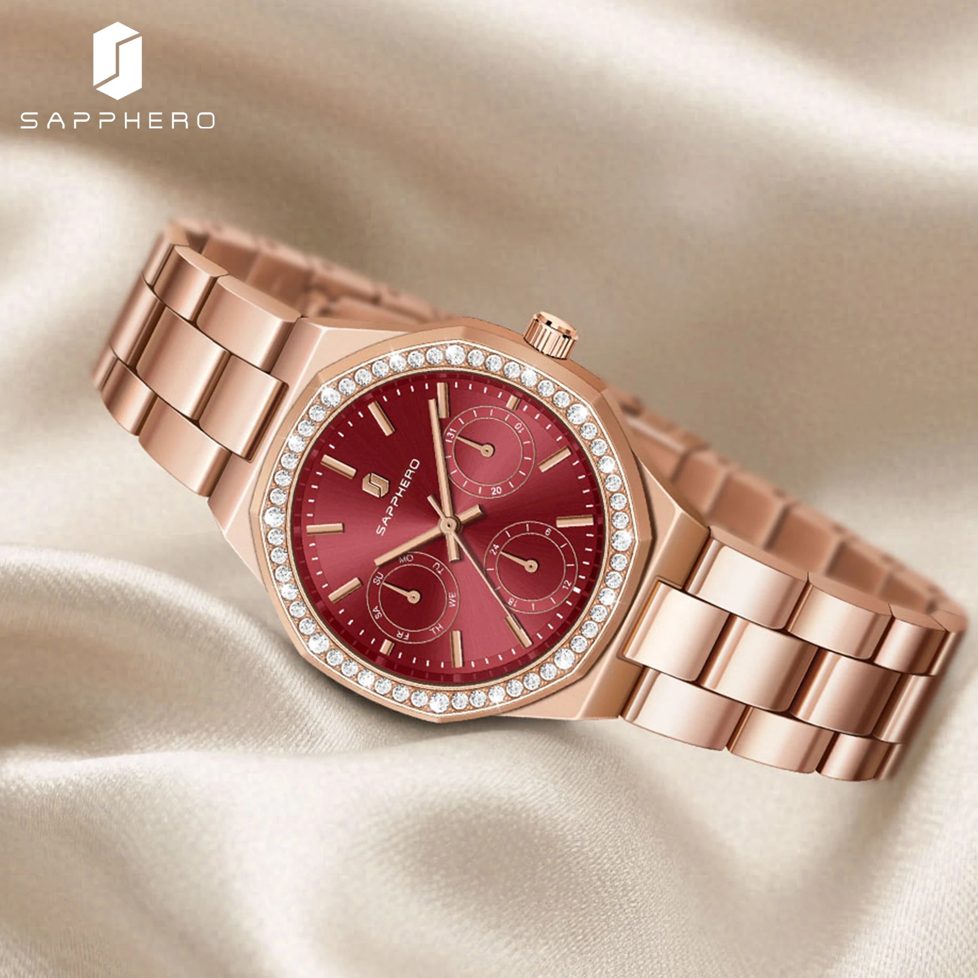 Sapphero luxo moda rosa ouro relógio elegante versátil relógio feminino japão movimento pulseira de aço inoxidável presente do feriado