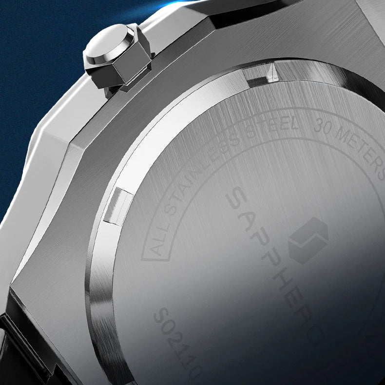 Relógio masculino SAPPHERO, pulseira de aço inoxidável, design resistente à água, calendário automático, presentes festivos, relógio de caixa de presente requintado