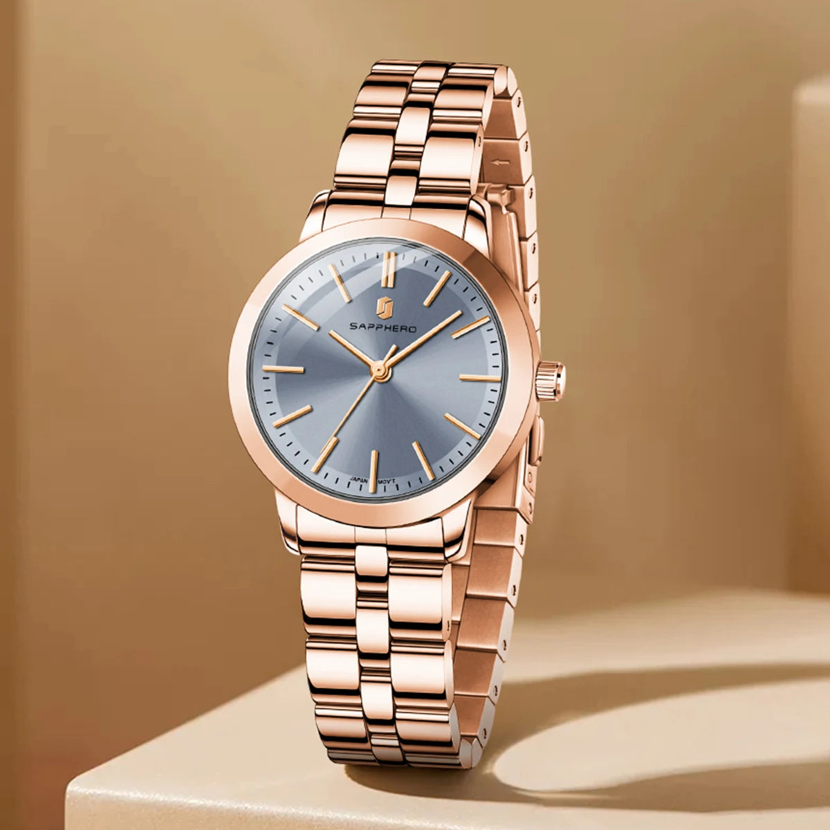 Sapphero elegante relógio feminino japão movimento à prova dwaterproof água relógio de presente do feriado relógio de pulso esportivo pulseira de aço inoxidável