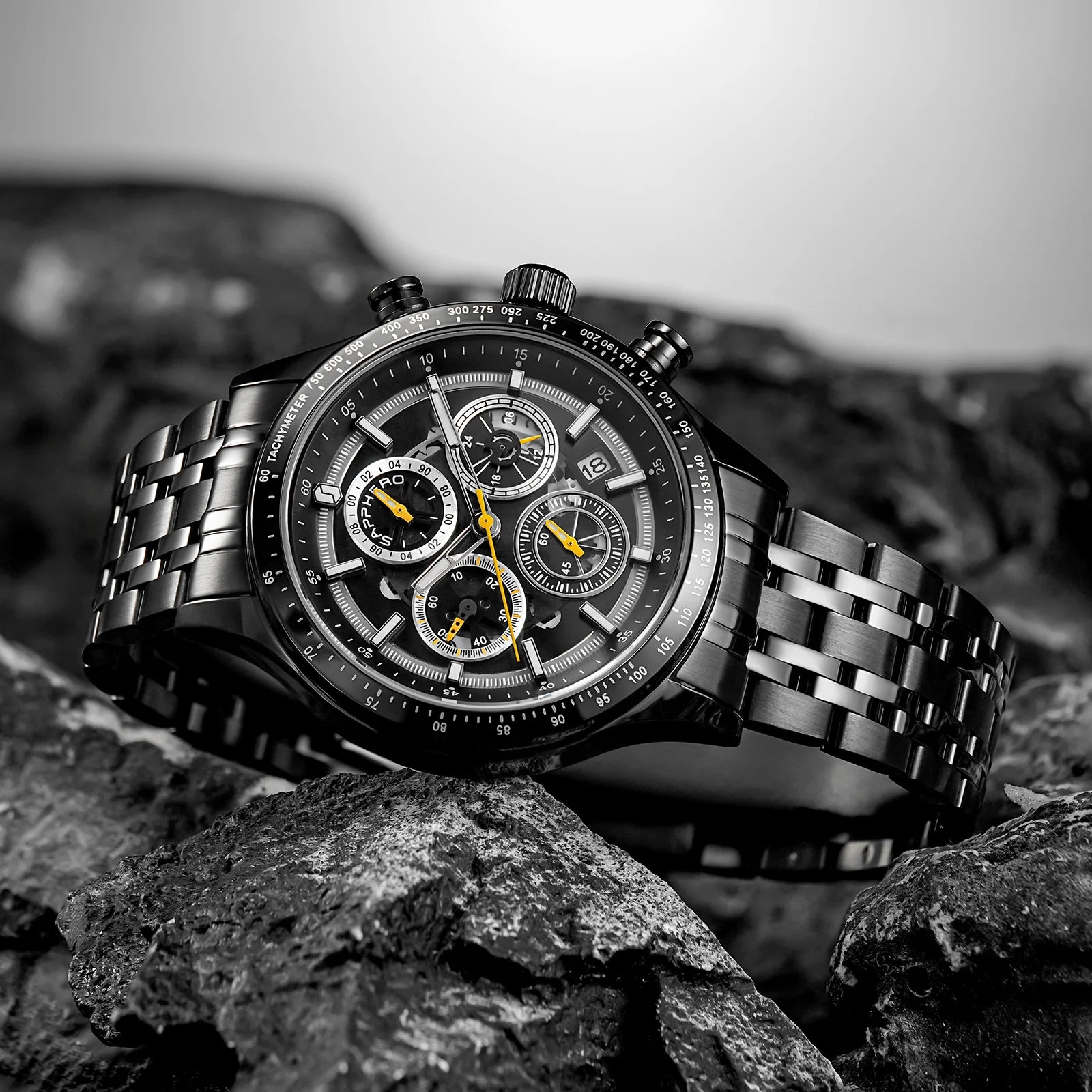 Sapphero moda masculina relógio de quartzo estilo mecânico 50m à prova dwaterproof água data cronógrafo relógio presente para homem