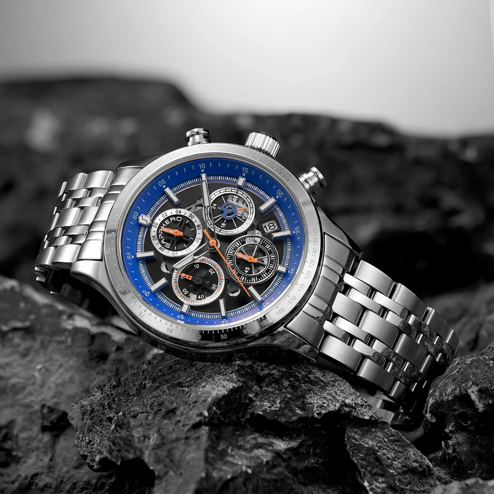 Sapphero moda masculina relógio de quartzo estilo mecânico 50m à prova dwaterproof água data cronógrafo relógio presente para homem