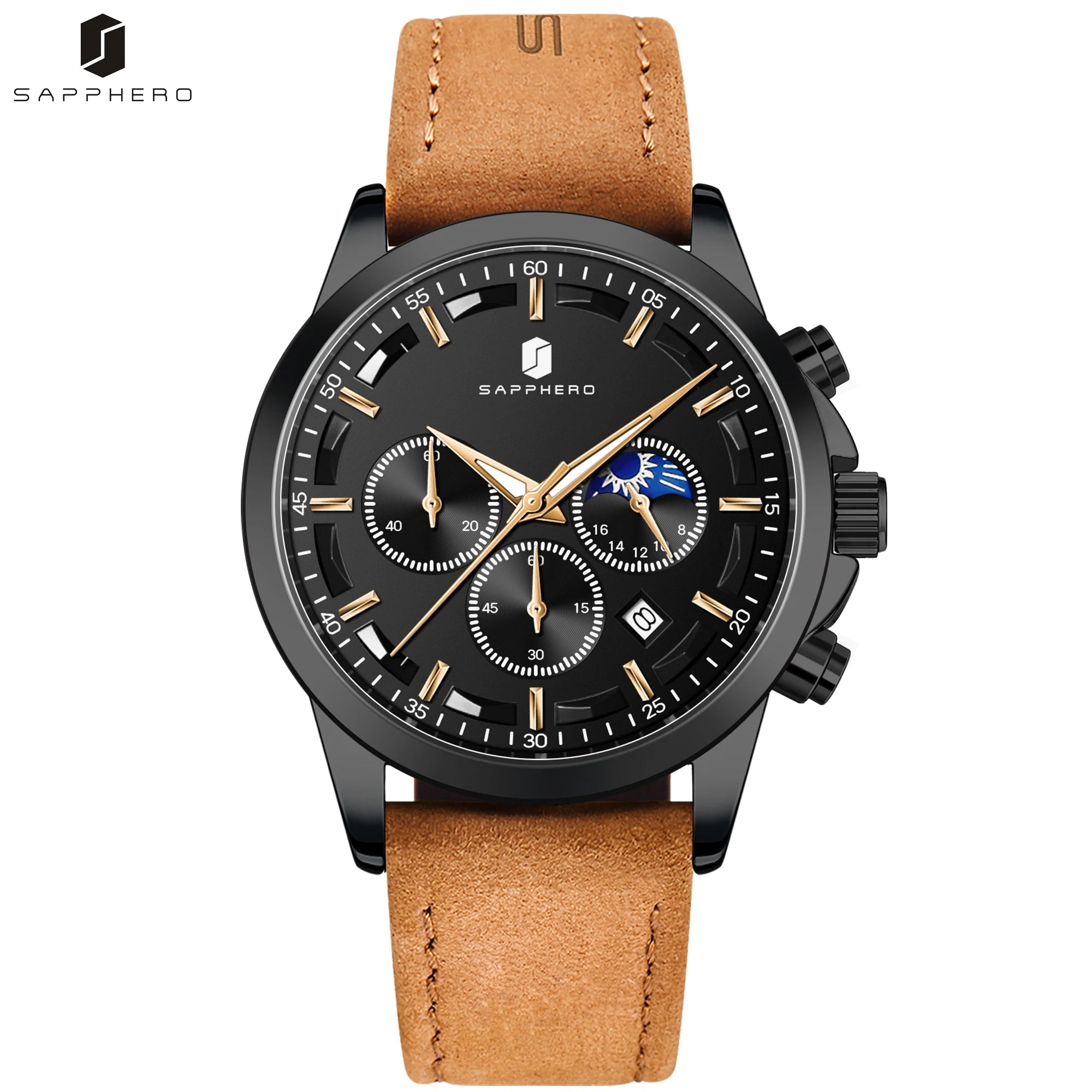 Sapphero relógios de negócios masculinos pulseira de couro esportes casual quartzo relógio masculino clássico à prova dwaterproof água 5atm relógio de pulso