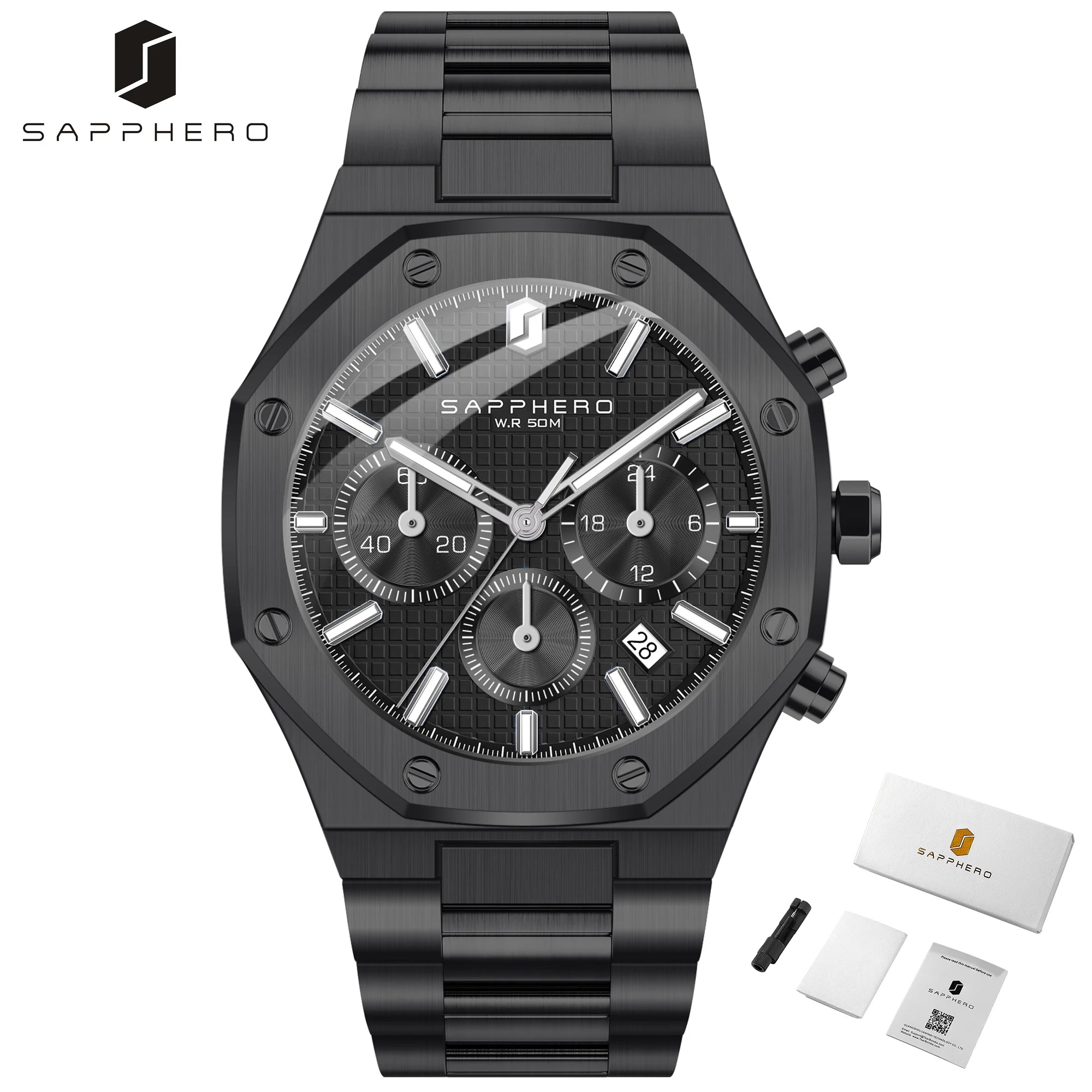 Sapphero relógio masculino à prova dwaterproof água função cronógrafo data brilhante mãos relógio de aço inoxidável relógio de negócios para presente masculino