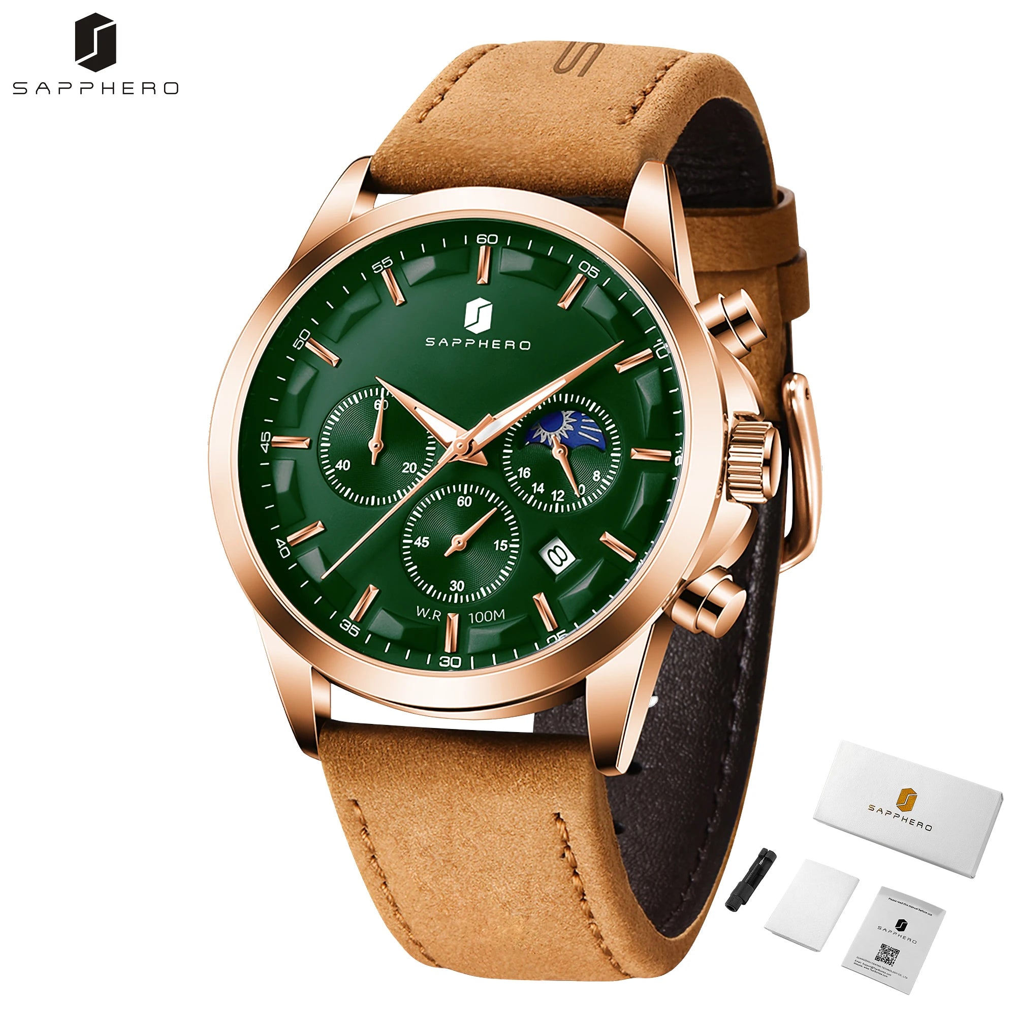 Sapphero relógios de negócios masculinos pulseira de couro esportes casual quartzo relógio masculino clássico à prova dwaterproof água 5atm relógio de pulso