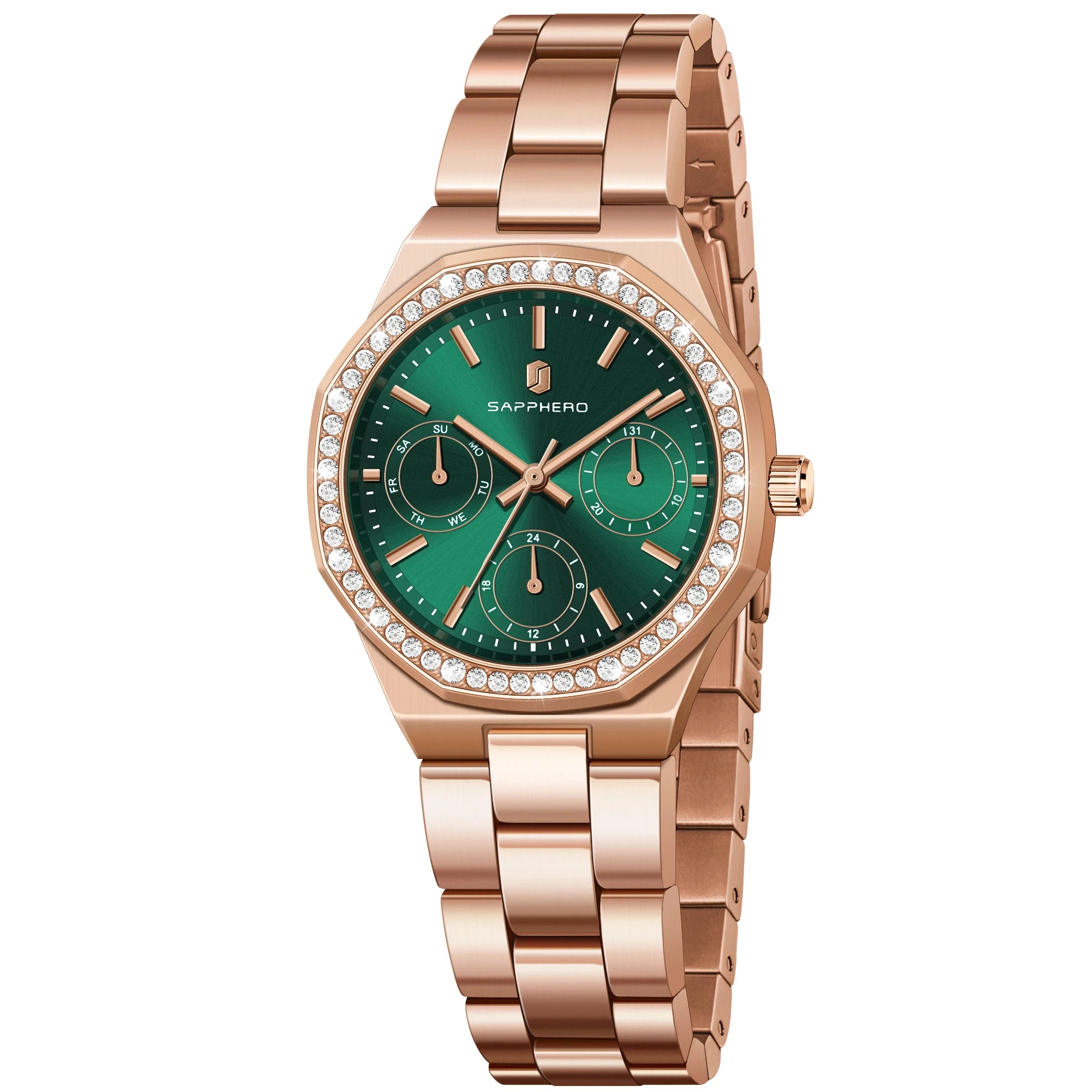 Sapphero luxo moda rosa ouro relógio elegante versátil relógio feminino japão movimento pulseira de aço inoxidável presente do feriado