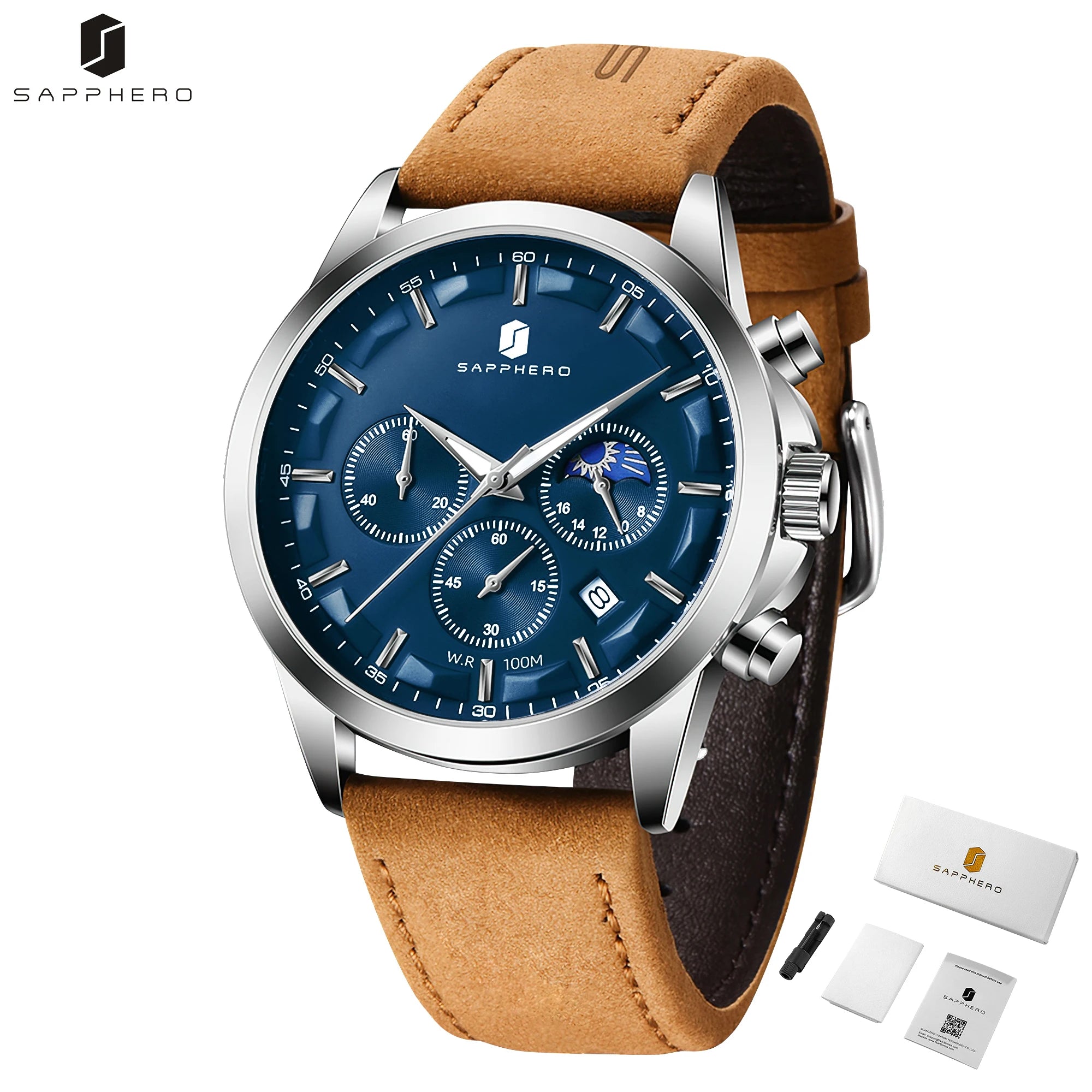 Sapphero relógios de negócios masculinos pulseira de couro esportes casual quartzo relógio masculino clássico à prova dwaterproof água 5atm relógio de pulso