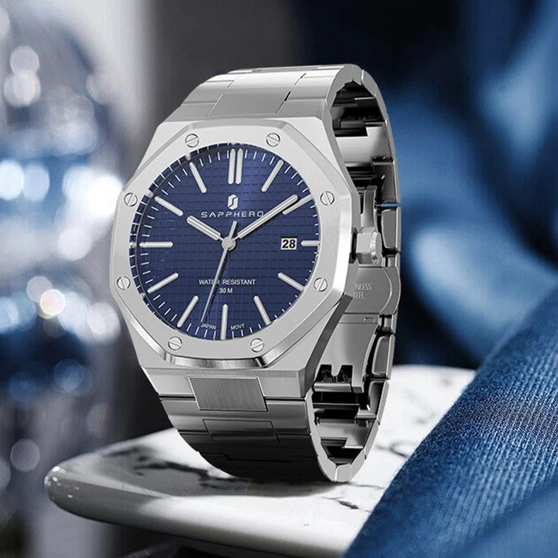 Relógio masculino SAPPHERO, pulseira de aço inoxidável, design resistente à água, calendário automático, presentes festivos, relógio de caixa de presente requintado