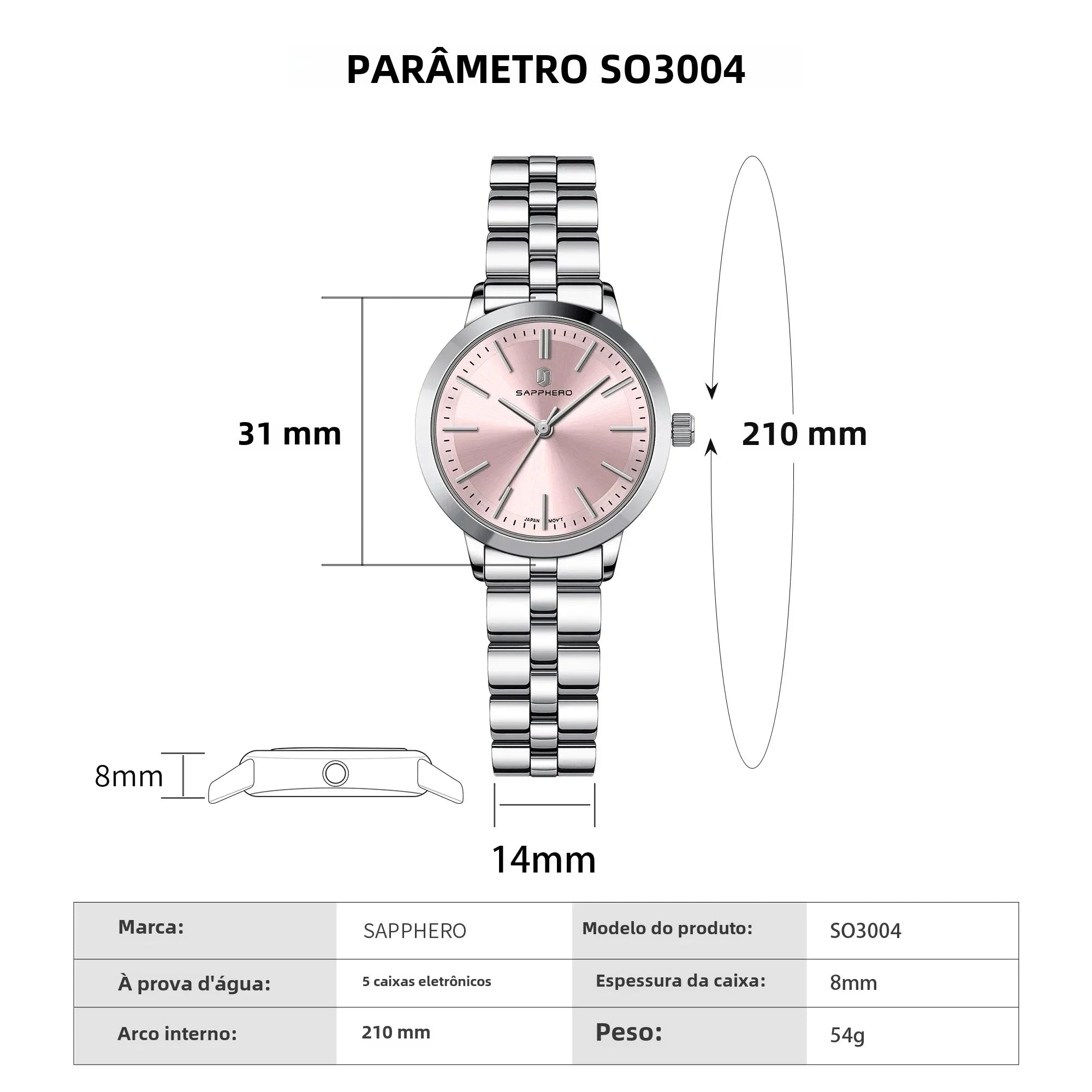 Sapphero elegante relógio feminino japão movimento à prova dwaterproof água relógio de presente do feriado relógio de pulso esportivo pulseira de aço inoxidável