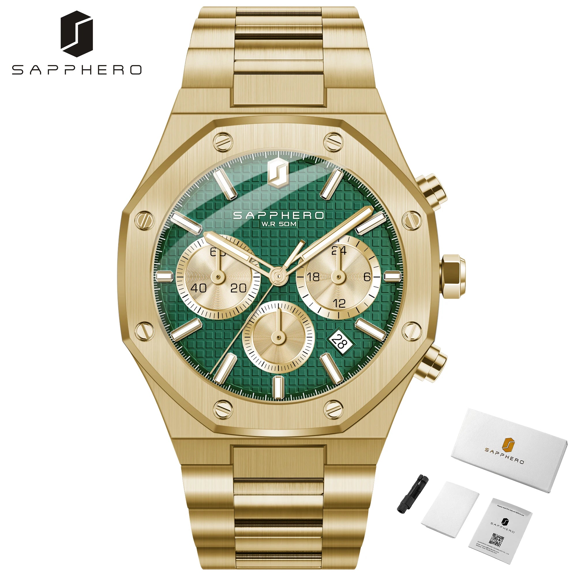 Sapphero relógio masculino à prova dwaterproof água função cronógrafo data brilhante mãos relógio de aço inoxidável relógio de negócios para presente masculino