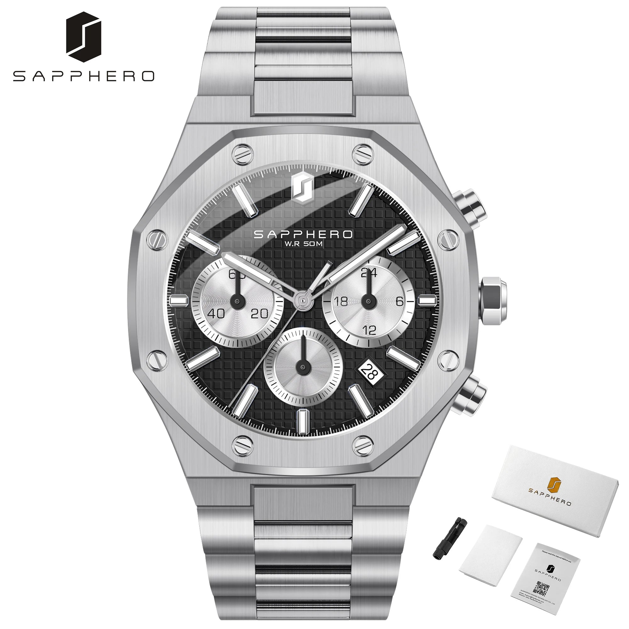 Sapphero relógio masculino à prova dwaterproof água função cronógrafo data brilhante mãos relógio de aço inoxidável relógio de negócios para presente masculino