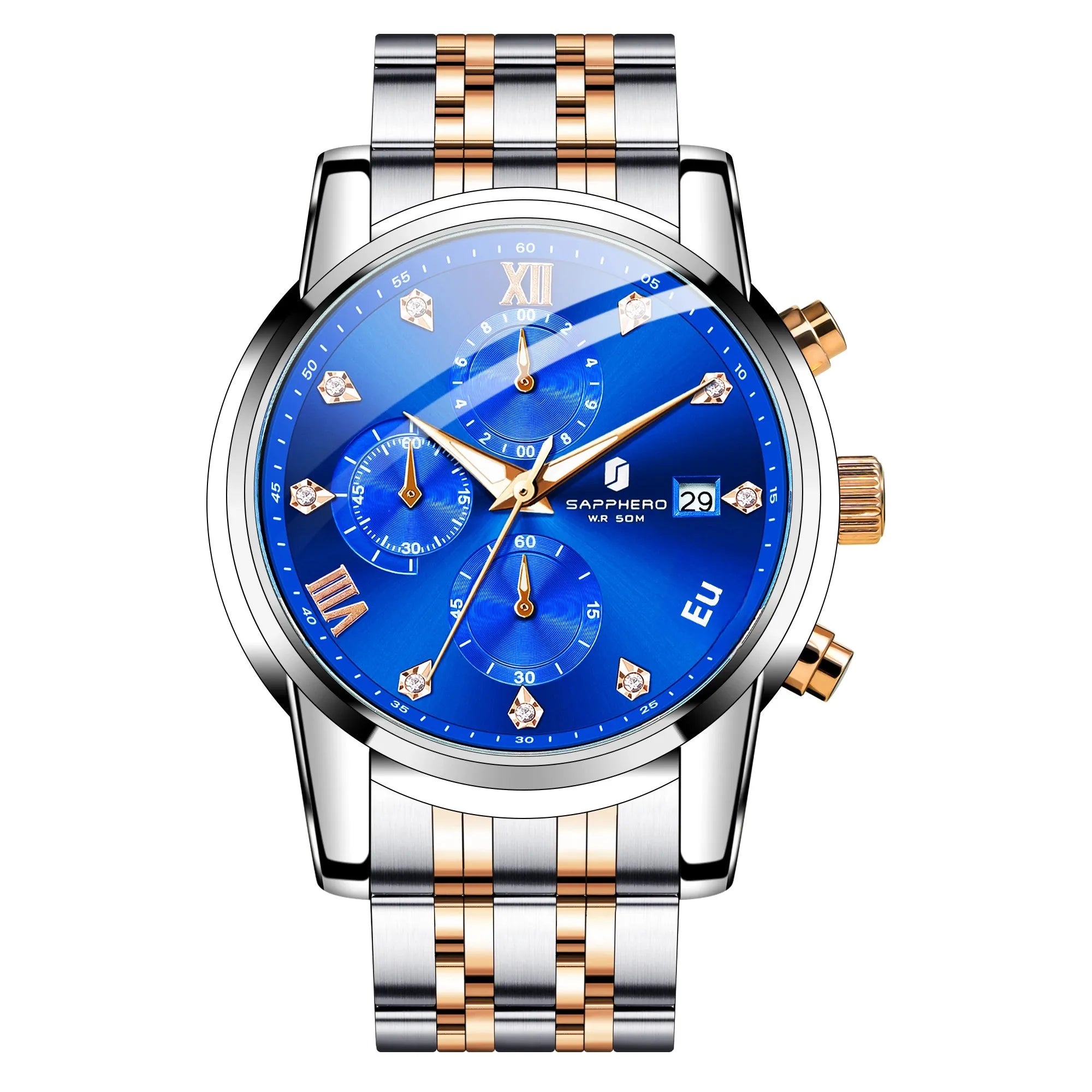 Sapphero relógio masculino de luxo, relógio de aço inoxidável, calendário, à prova d'água, 5atm, caixa de presente de alta qualidade