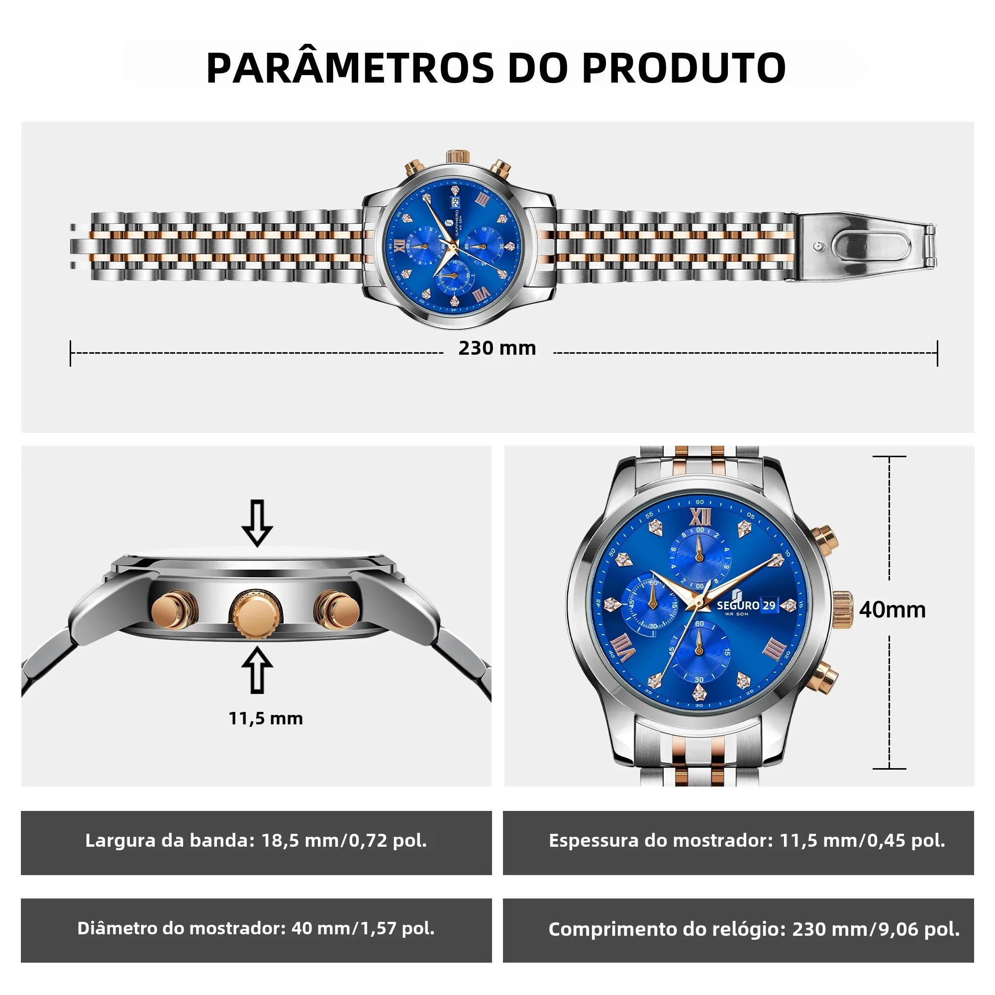 Sapphero relógio masculino de luxo, relógio de aço inoxidável, calendário, à prova d'água, 5atm, caixa de presente de alta qualidade