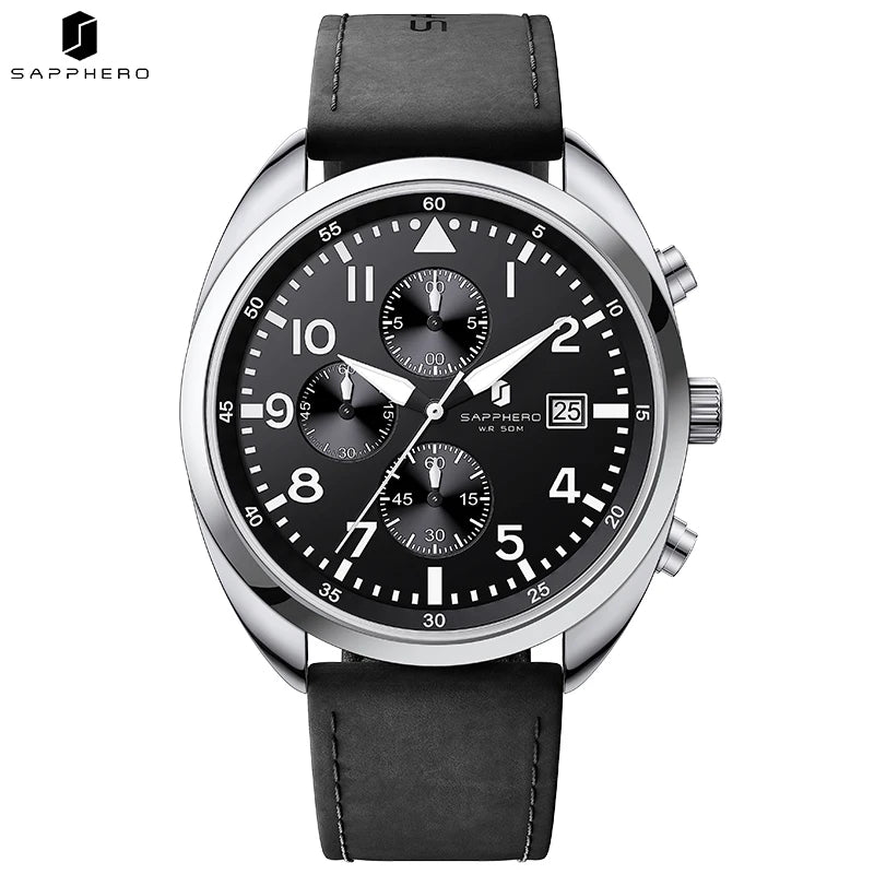 Relógio masculino de negócios safira, pulseira de couro confortável, resistente à água, com mãos iluminadas, cronógrafo para homens